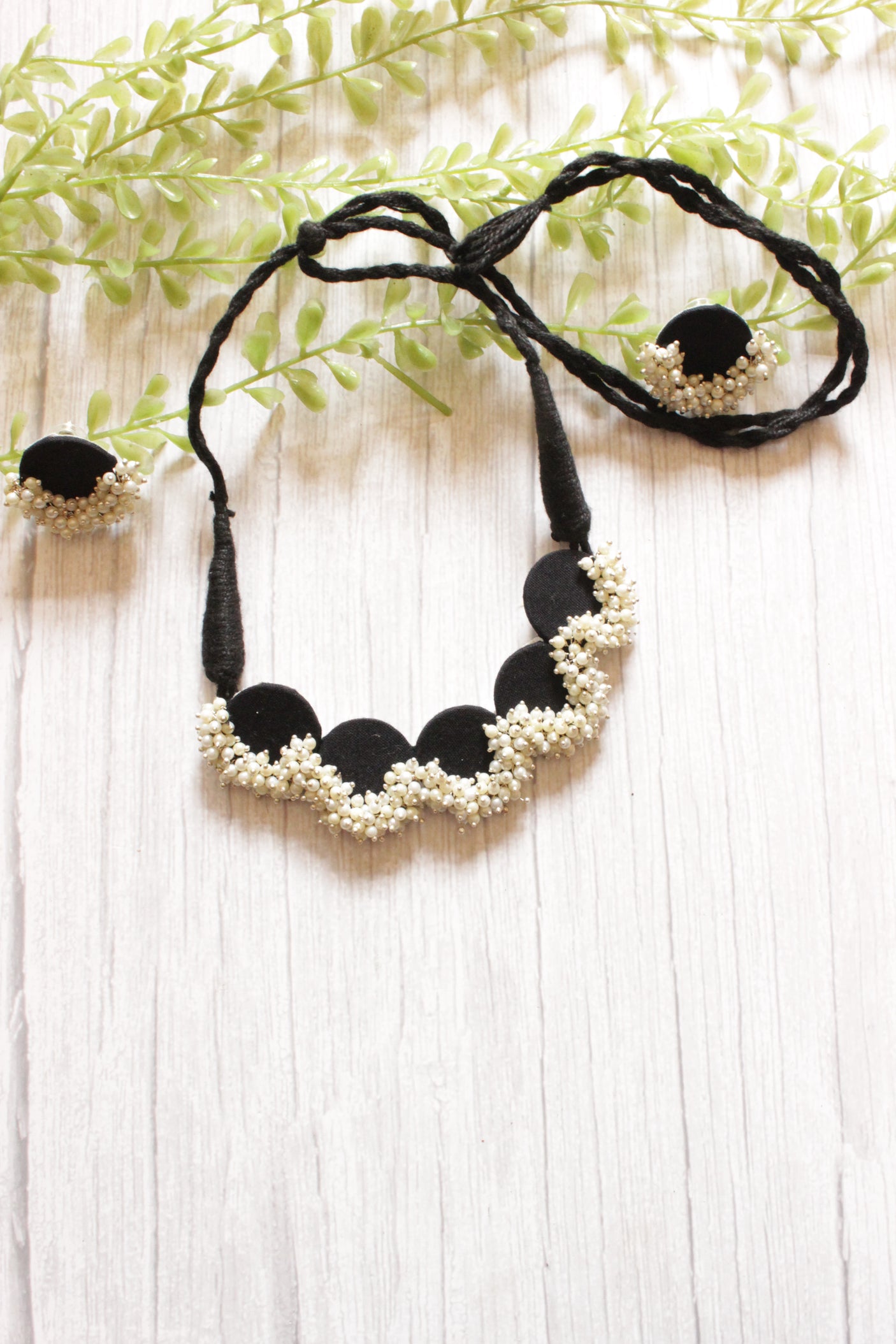 Black Fabric Choker Necklace Set with Stud Earrings Embellished with White Festive Beads