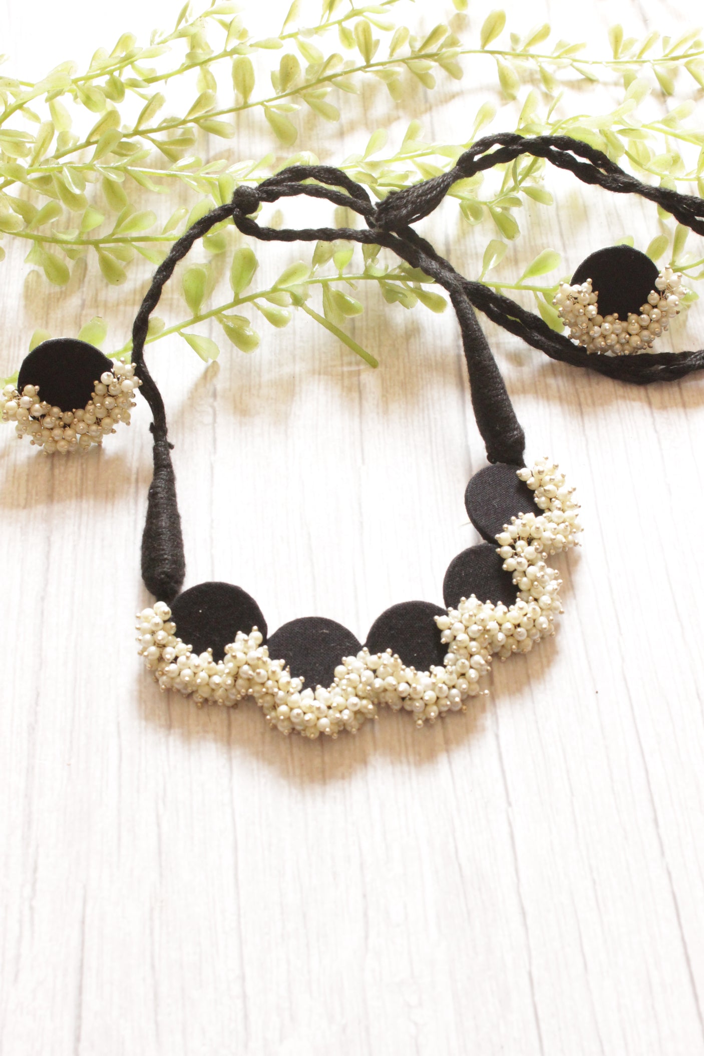 Black Fabric Choker Necklace Set with Stud Earrings Embellished with White Festive Beads