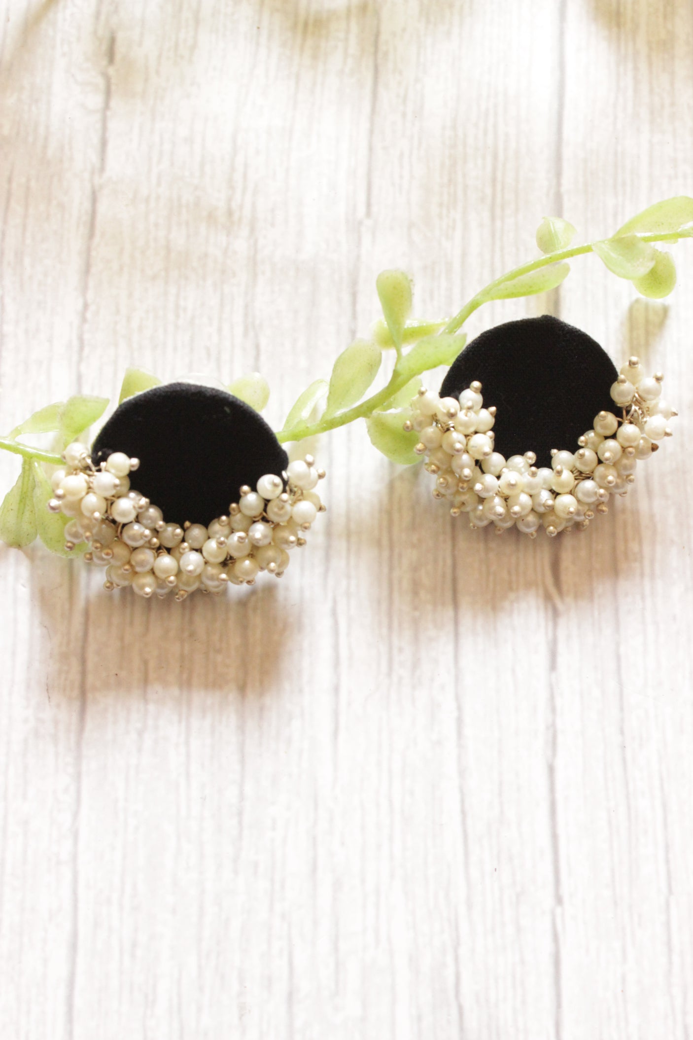 Black Fabric Choker Necklace Set with Stud Earrings Embellished with White Festive Beads