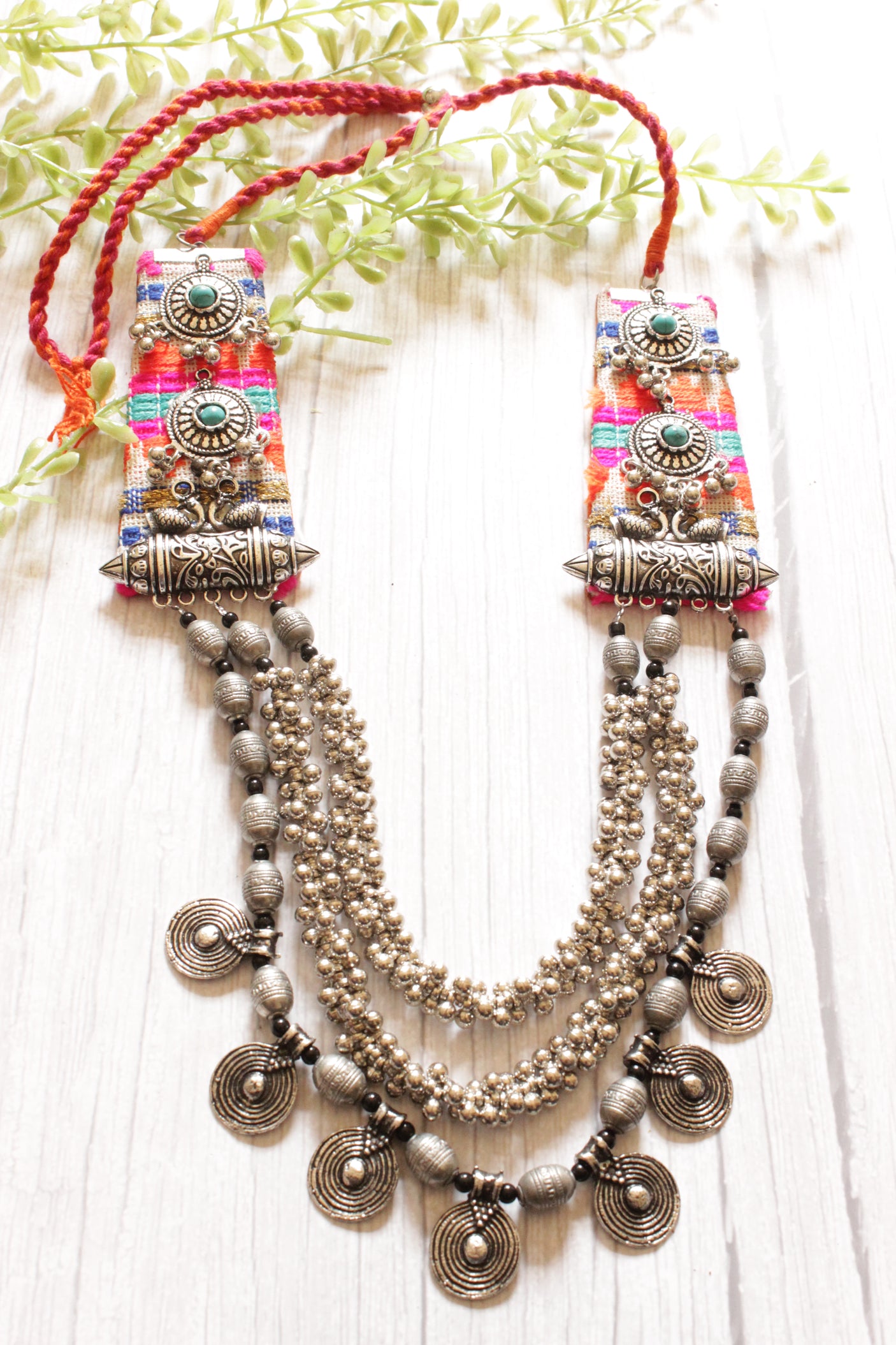 Premium Oxidised Finish 3 Layer Necklace Embellished with Fabric Handcrafted Accents