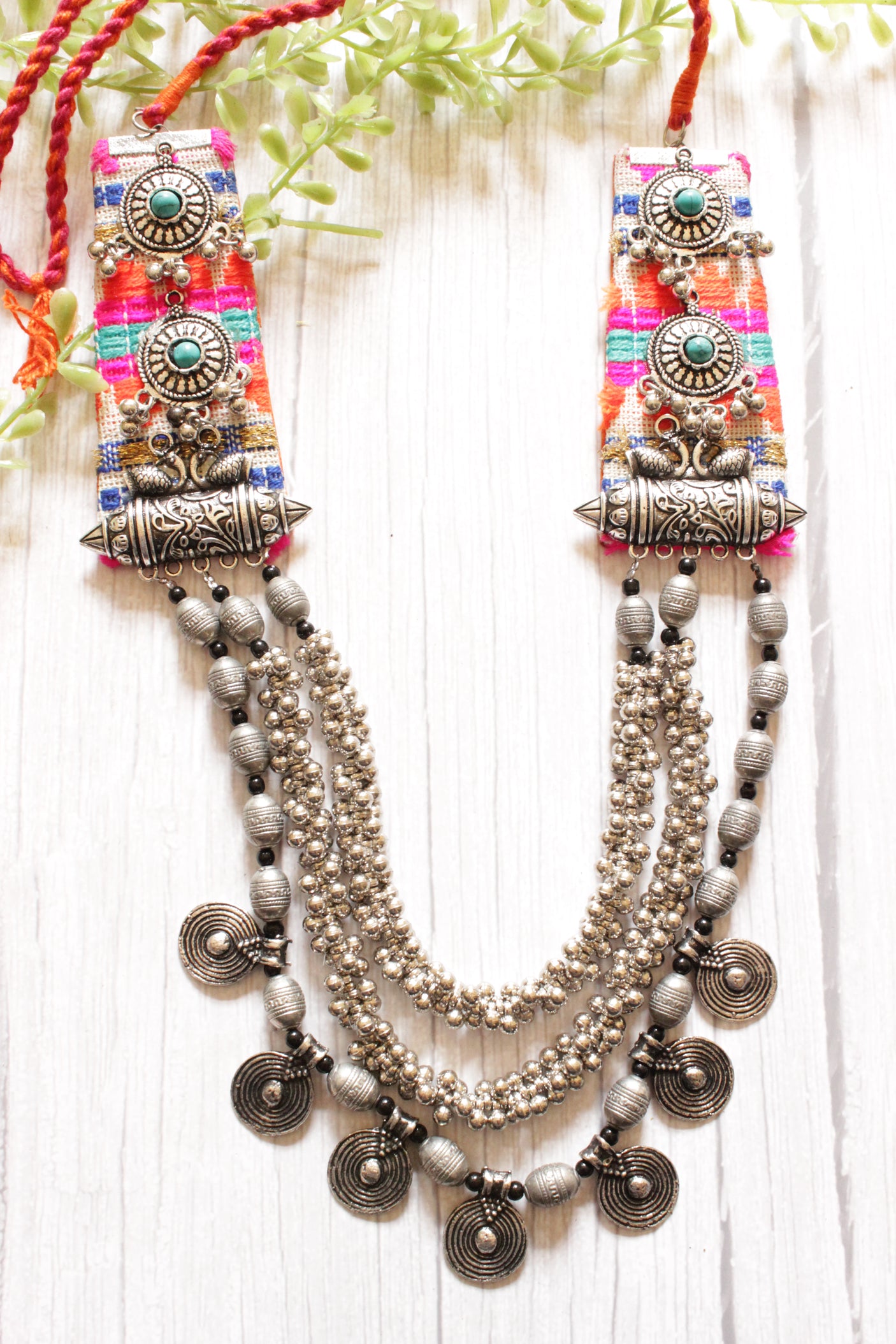 Premium Oxidised Finish 3 Layer Necklace Embellished with Fabric Handcrafted Accents