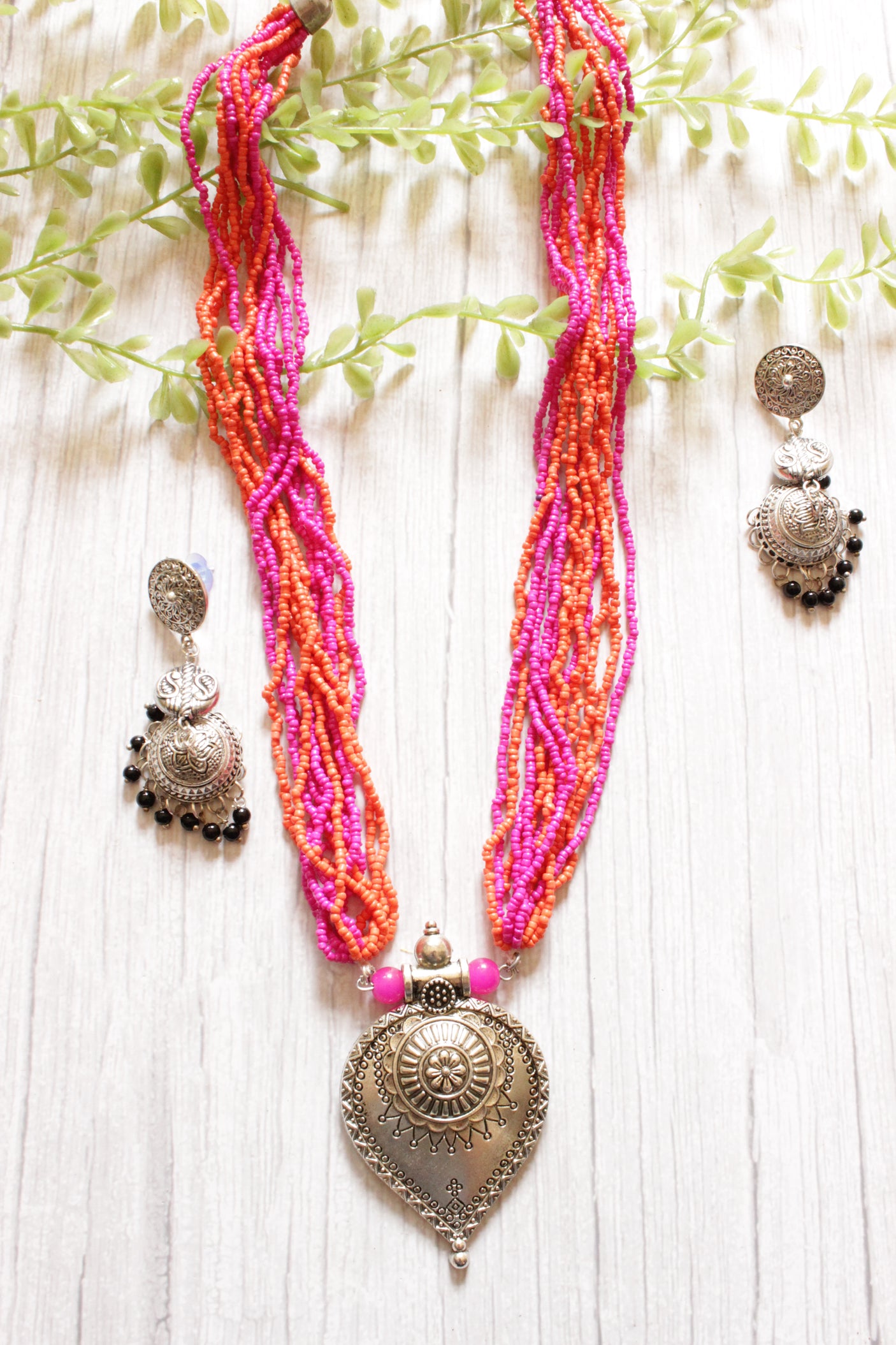 Pink and Orange Beads Hand Beaded Necklace Set with Jhumka Earrings