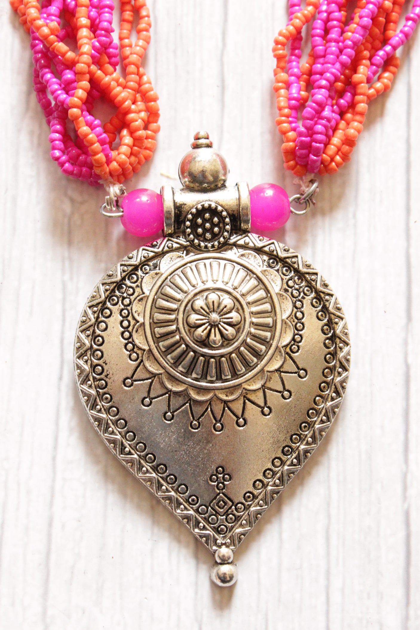 Pink and Orange Beads Hand Beaded Necklace Set with Jhumka Earrings