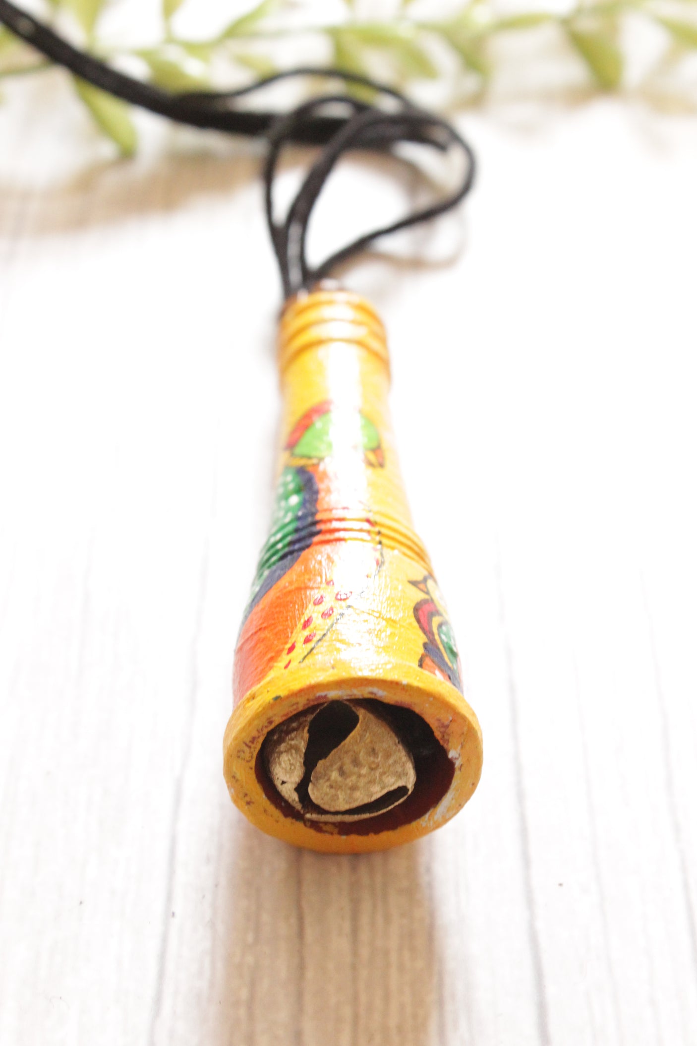 Yellow Hand Painted Bird Motifs Rope Closure Terracotta Clay Necklace
