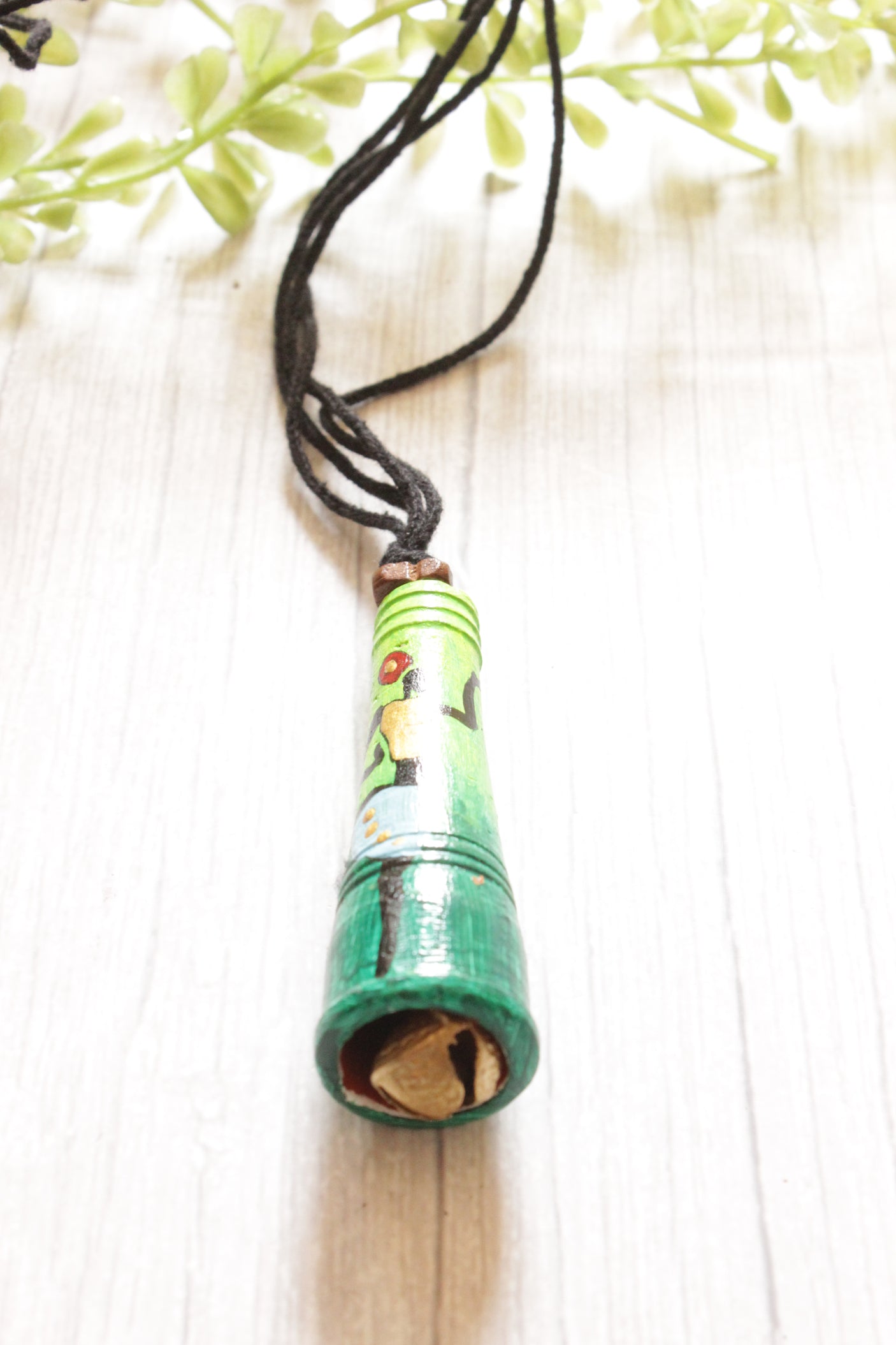 Shades of Green Hand Painted Bird Motifs Rope Closure Terracotta Clay Necklace