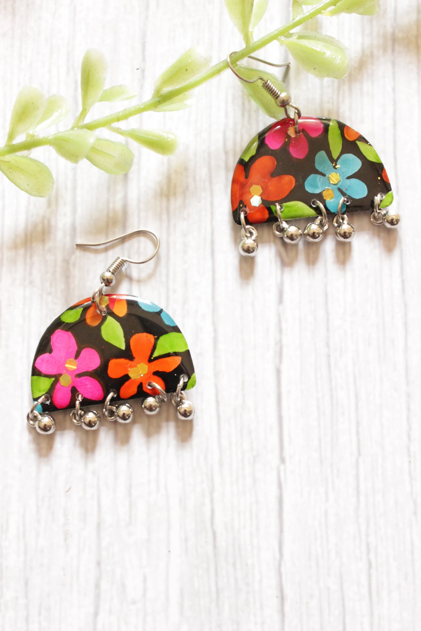 Black and Multi-Color Flower Motifs Hand Painted Resin Earrings