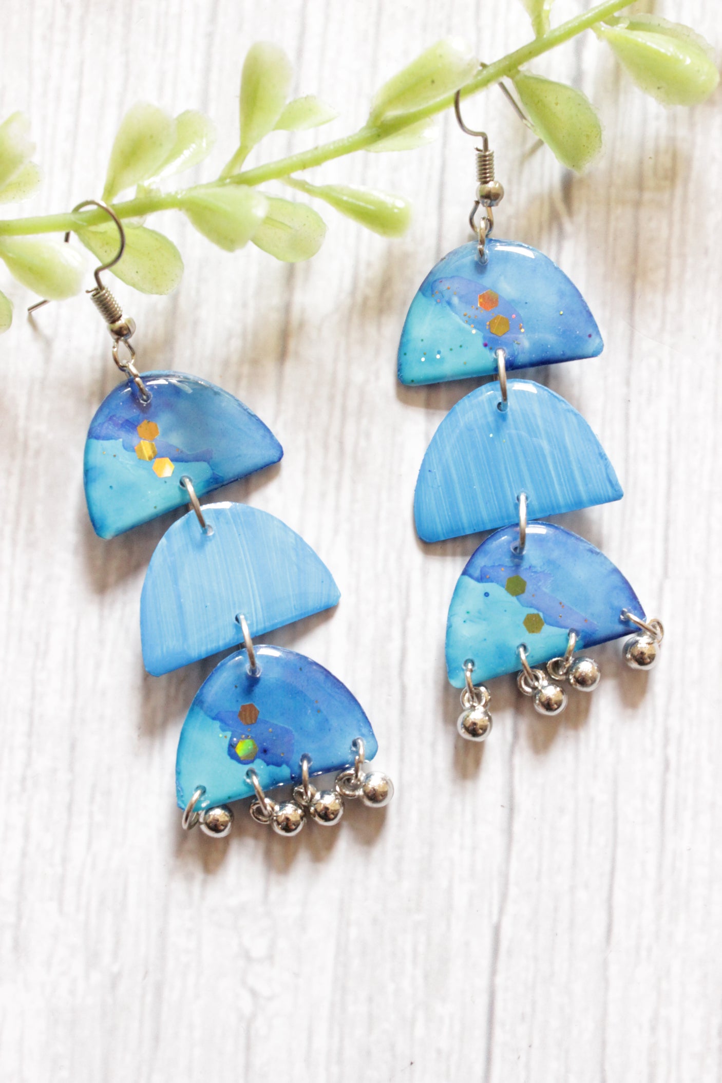 3 Layer Shades of Blue Long Dangler Resin Earrings