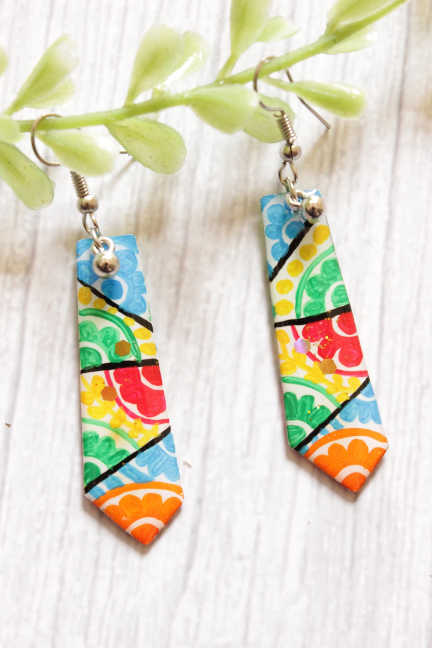 White and Multi-Color Hand Painted Flower Motifs Long Dangler Resin Earrings
