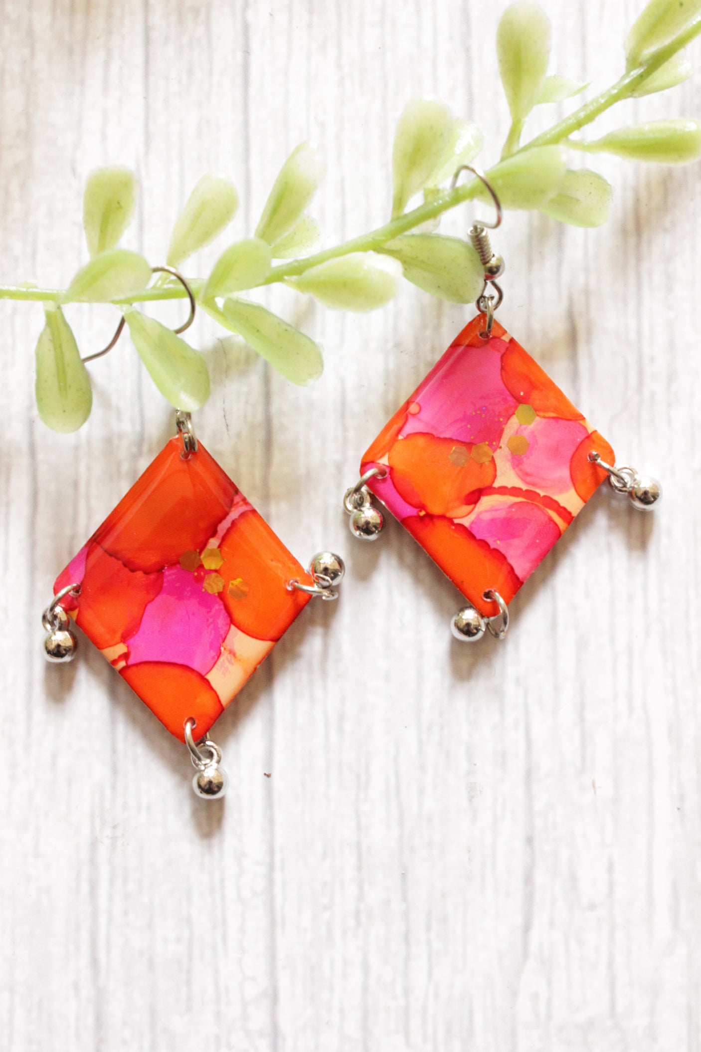Pink and Orange Hand Painted Resin Earrings with Metal Ghungroo Beads Accents