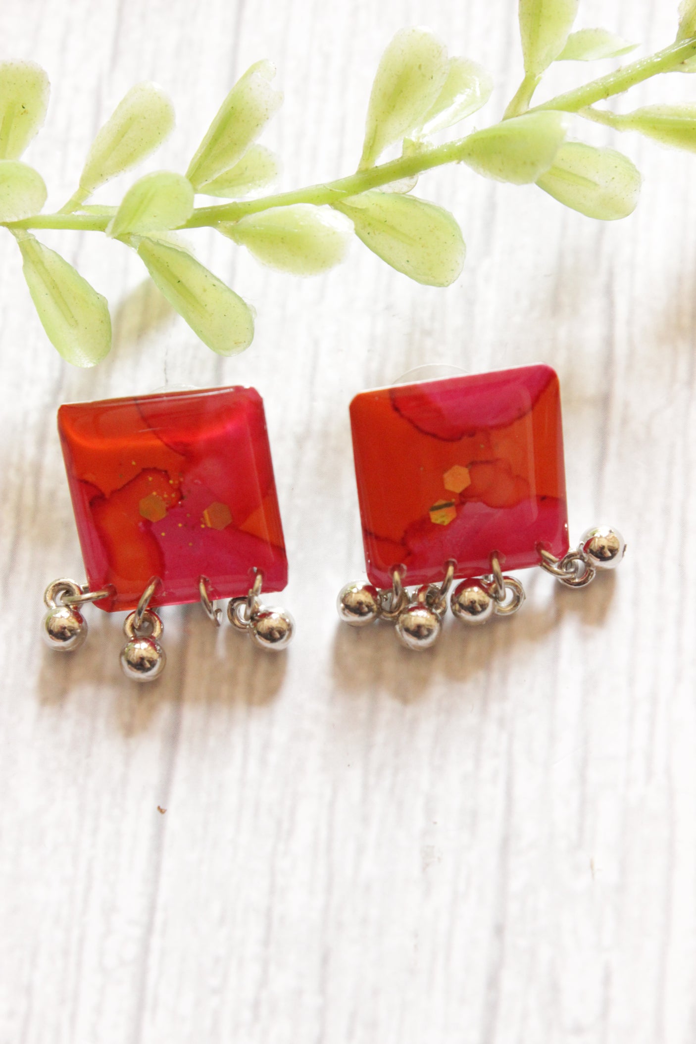 Pink and Orange Square Shape Hand Painted Resin Earrings with Metal Ghungroo Beads Accents