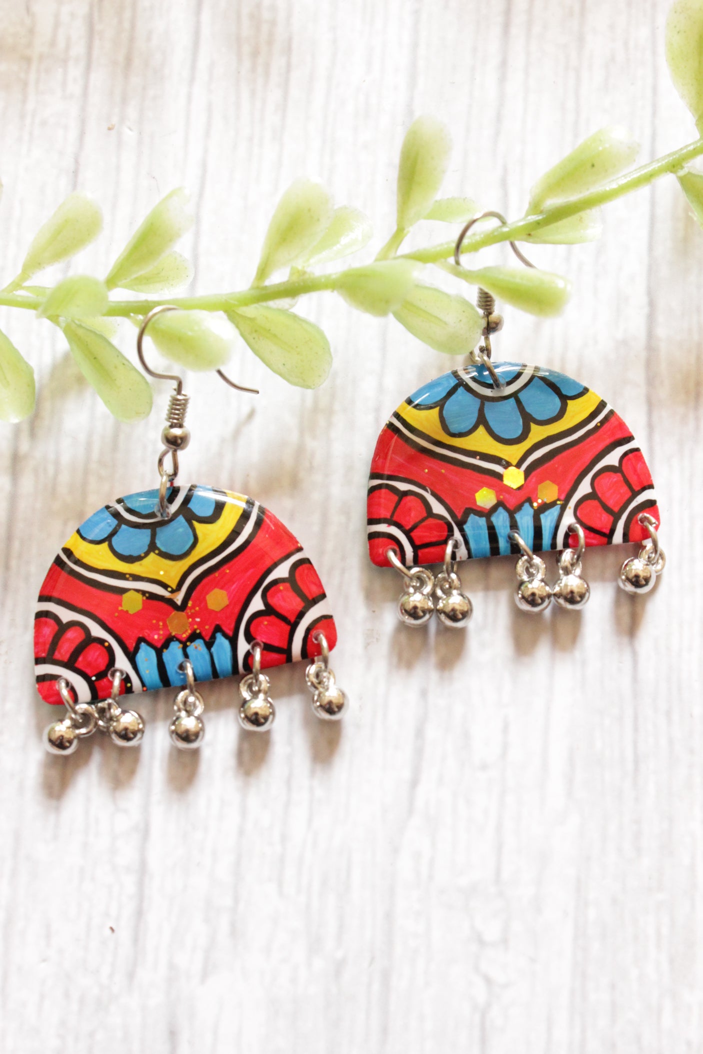 Hand Painted Flower Motifs Dome Shape Resin Earrings