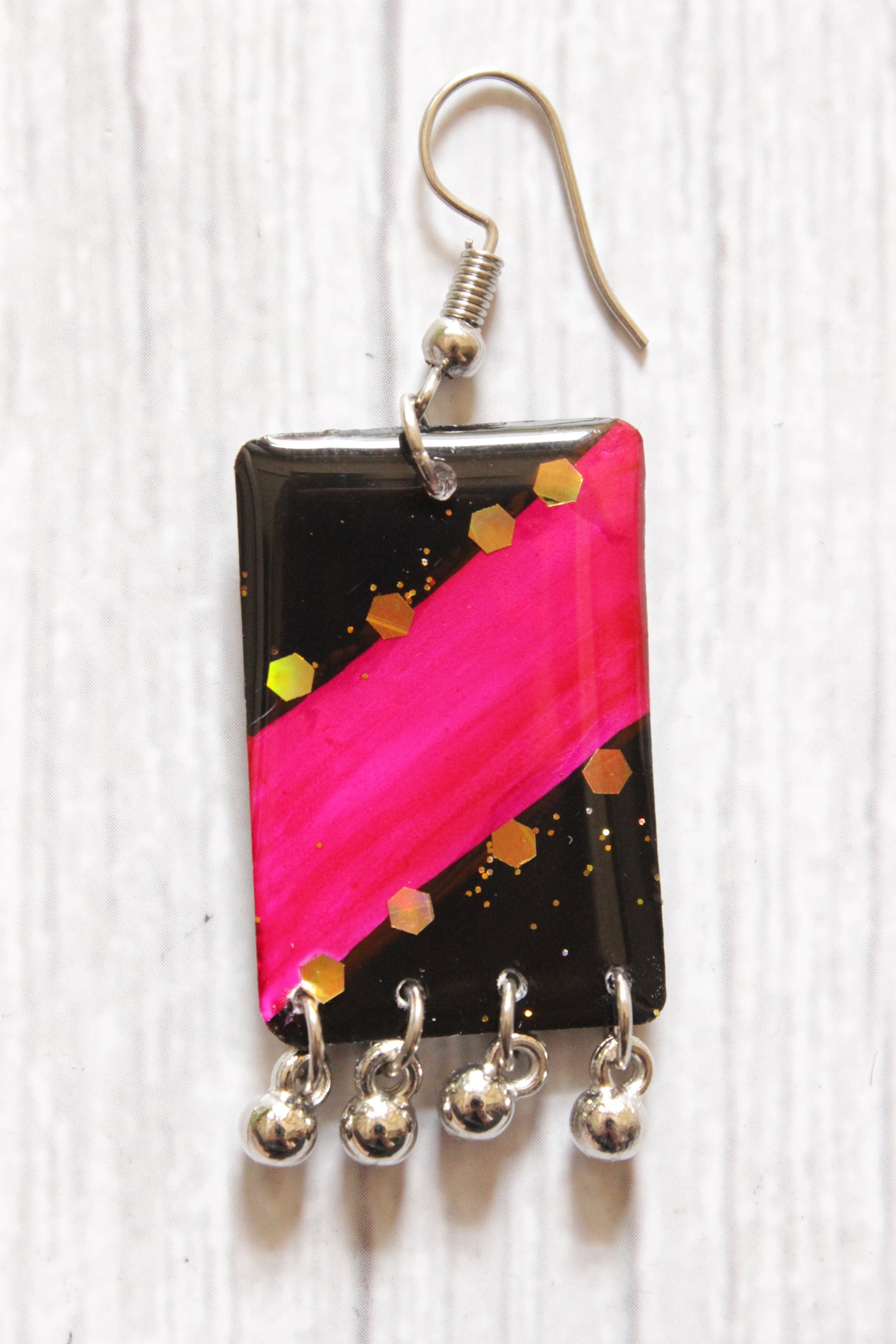 Black and Pink Hand Painted Shape Resin Earrings with Metal Ghungroo Accents