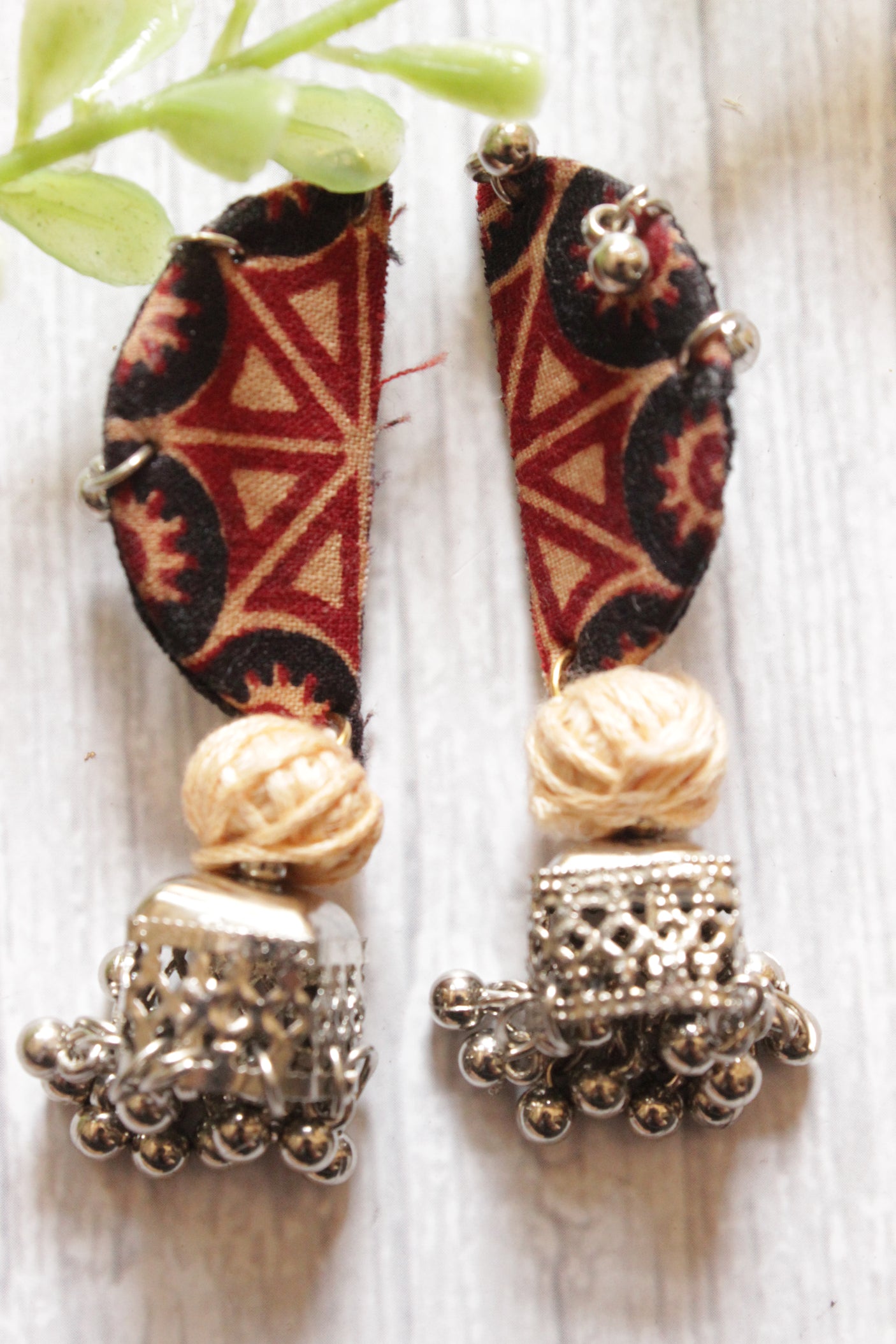 Maroon and Black Fabric Earrings with Jhumka Danglers