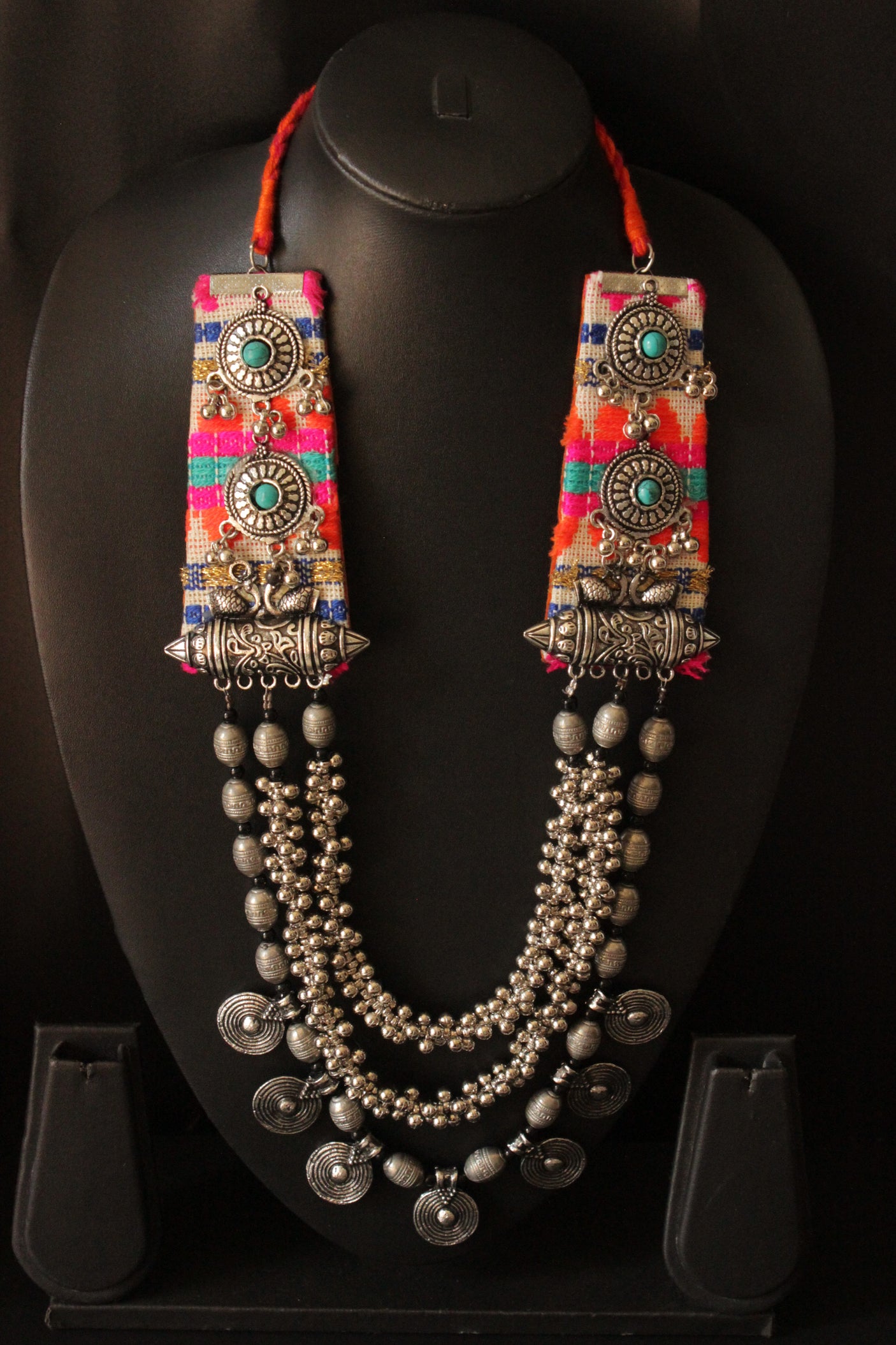 Premium Oxidised Finish 3 Layer Necklace Embellished with Fabric Handcrafted Accents