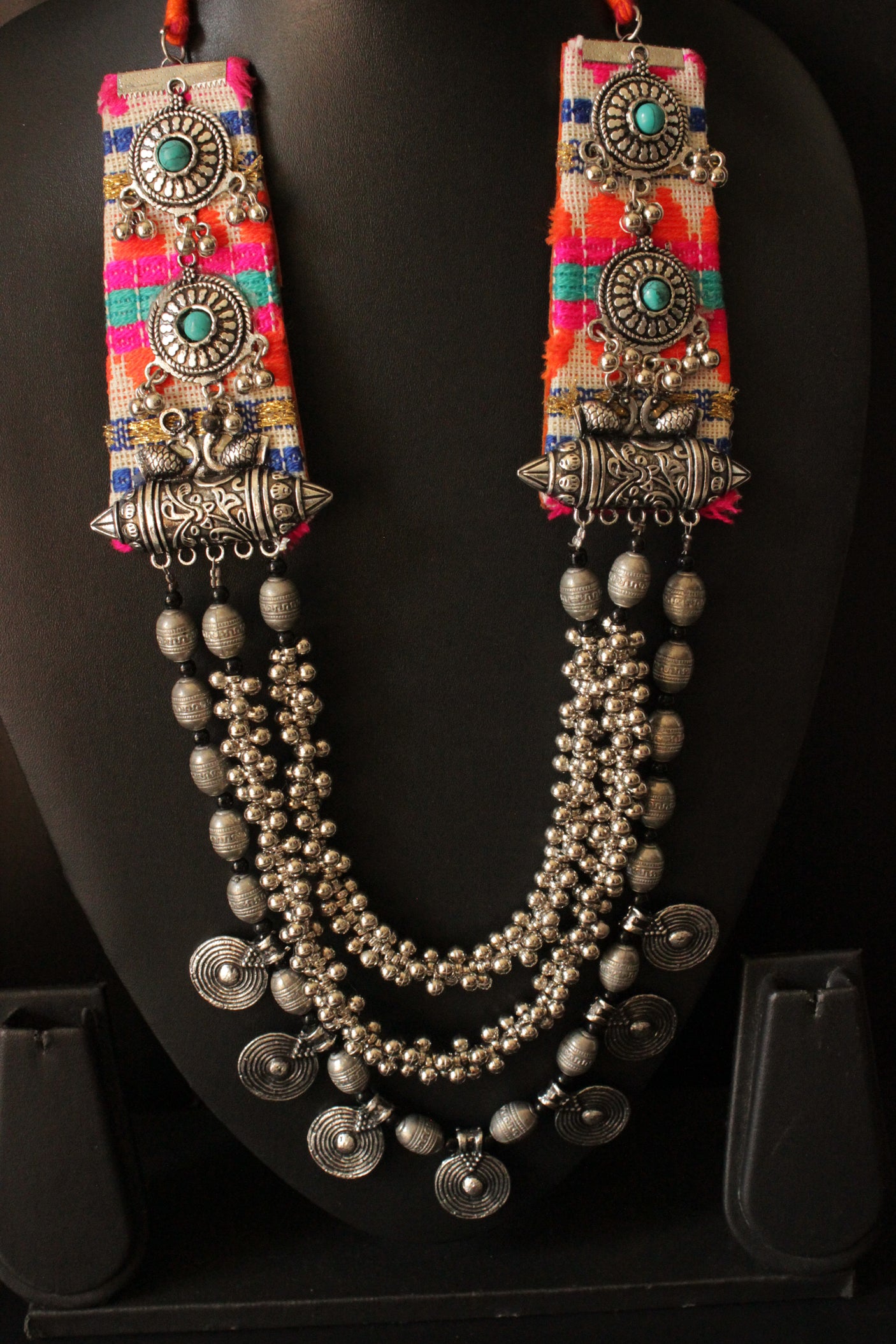 Premium Oxidised Finish 3 Layer Necklace Embellished with Fabric Handcrafted Accents