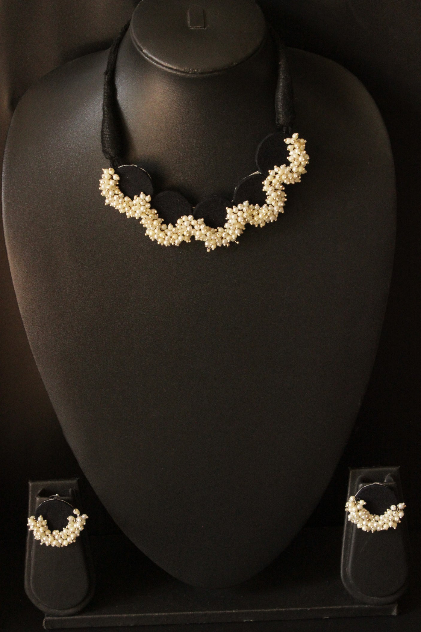 Black Fabric Choker Necklace Set with Stud Earrings Embellished with White Festive Beads