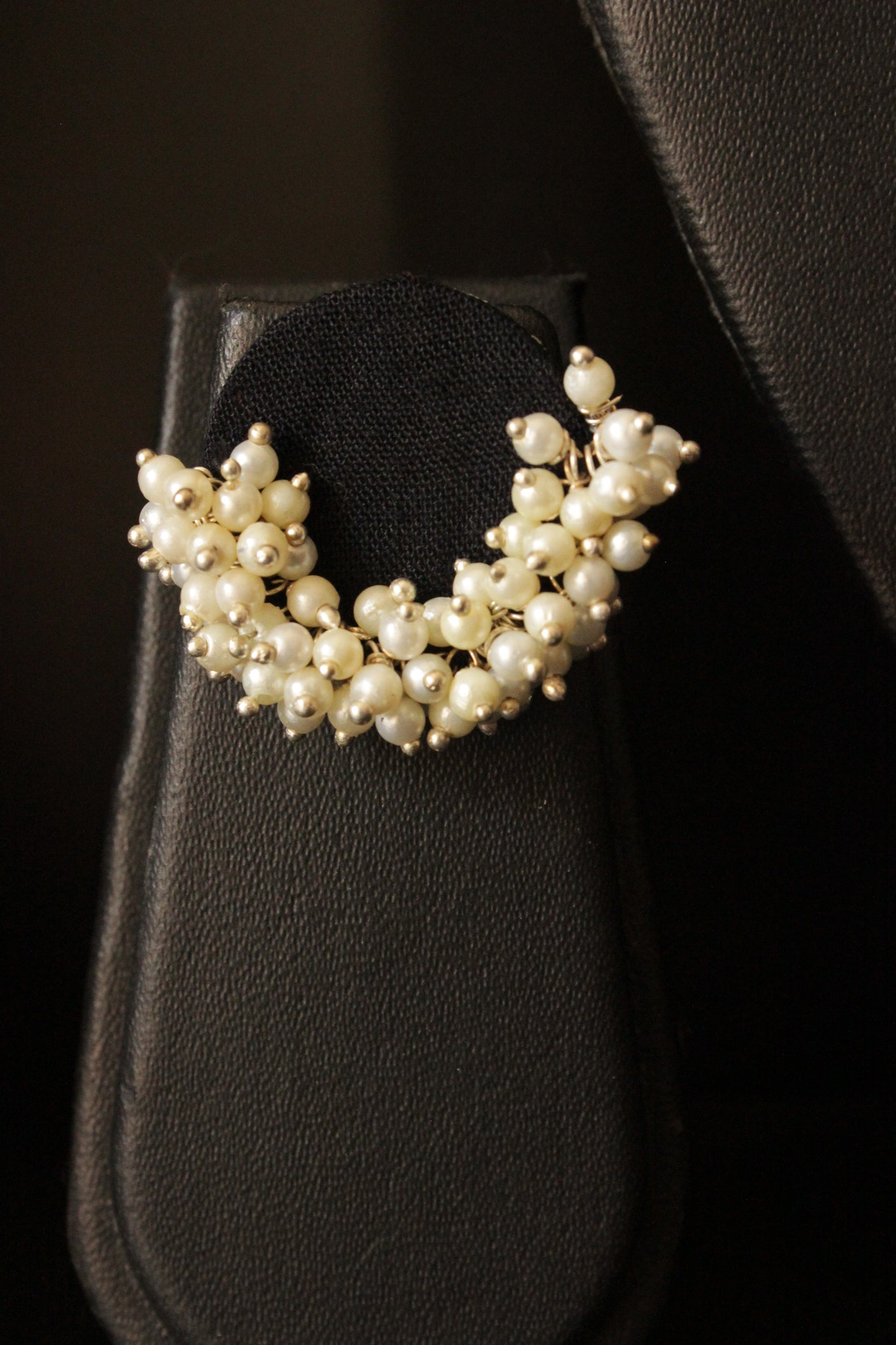 Black Fabric Choker Necklace Set with Stud Earrings Embellished with White Festive Beads