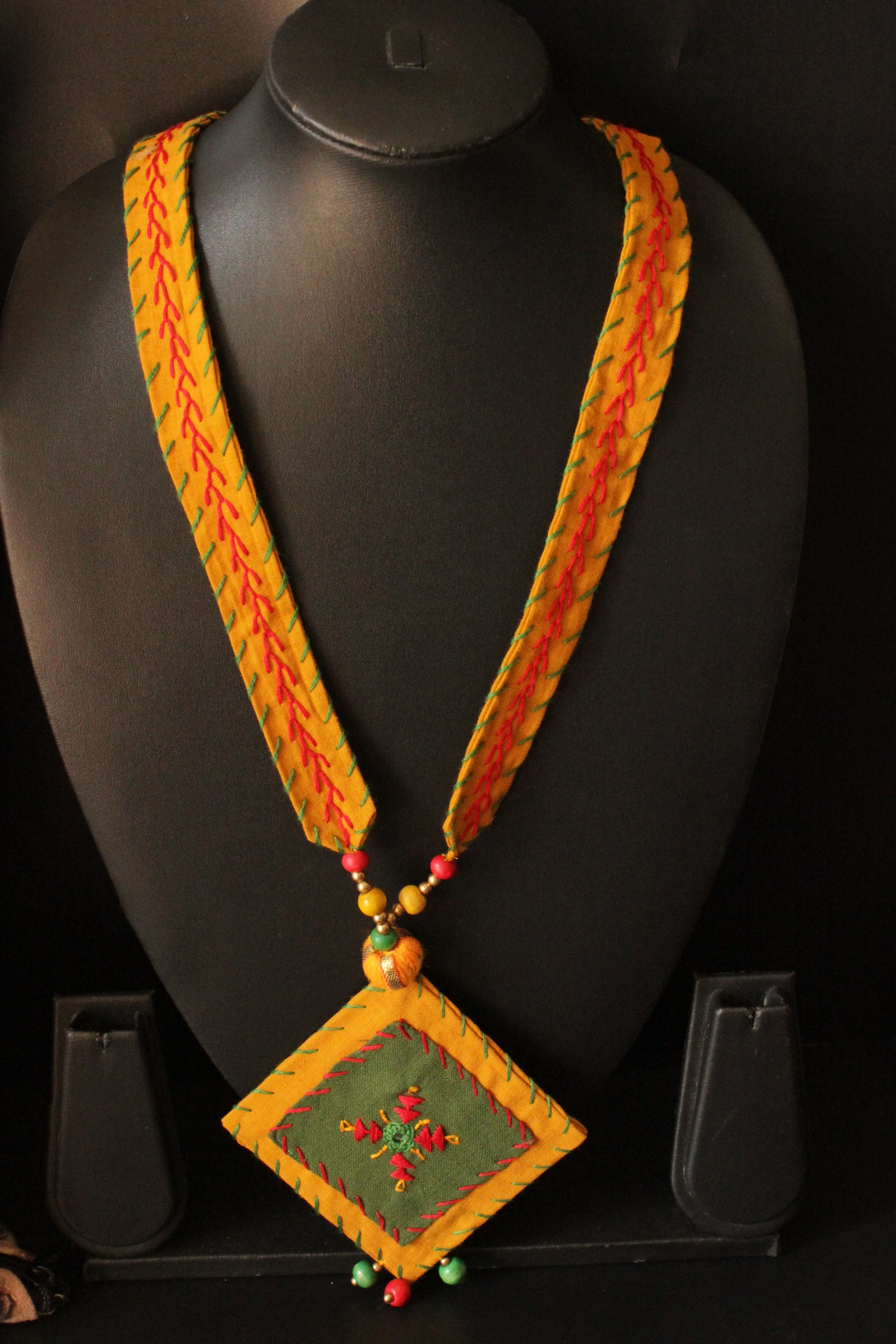 Earthy Yellow and Green Kantha Work Handcrafted Collar Necklace