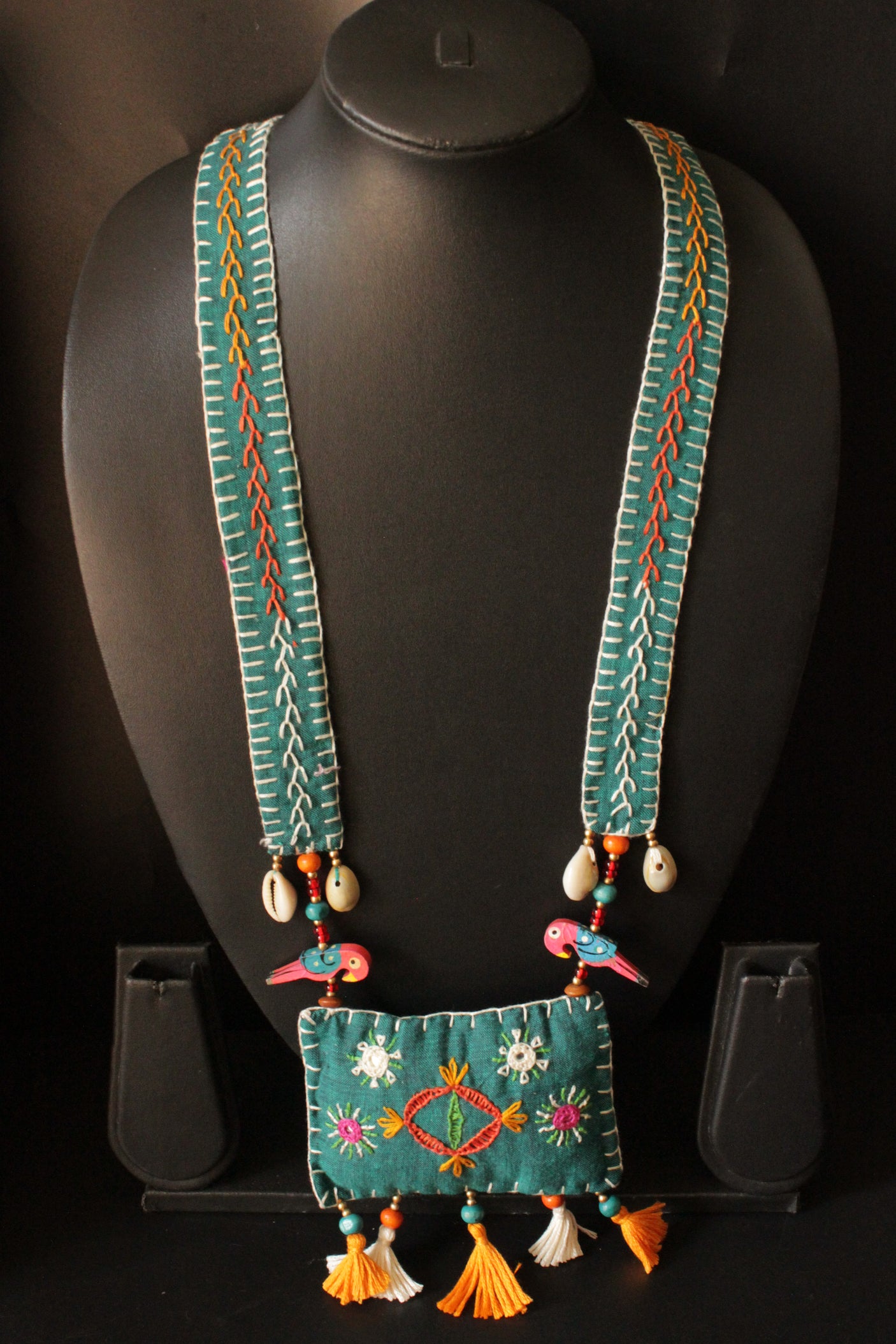 Turquoise Handcrafted Kantha Work Collar Necklace Accentuated with Wooden Parrots