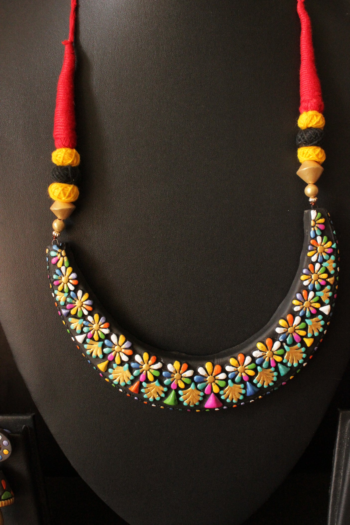 Black and Multi-Color Hand-Painted Flower Motifs Terracotta Clay Adjustable Length Choker Necklace Set
