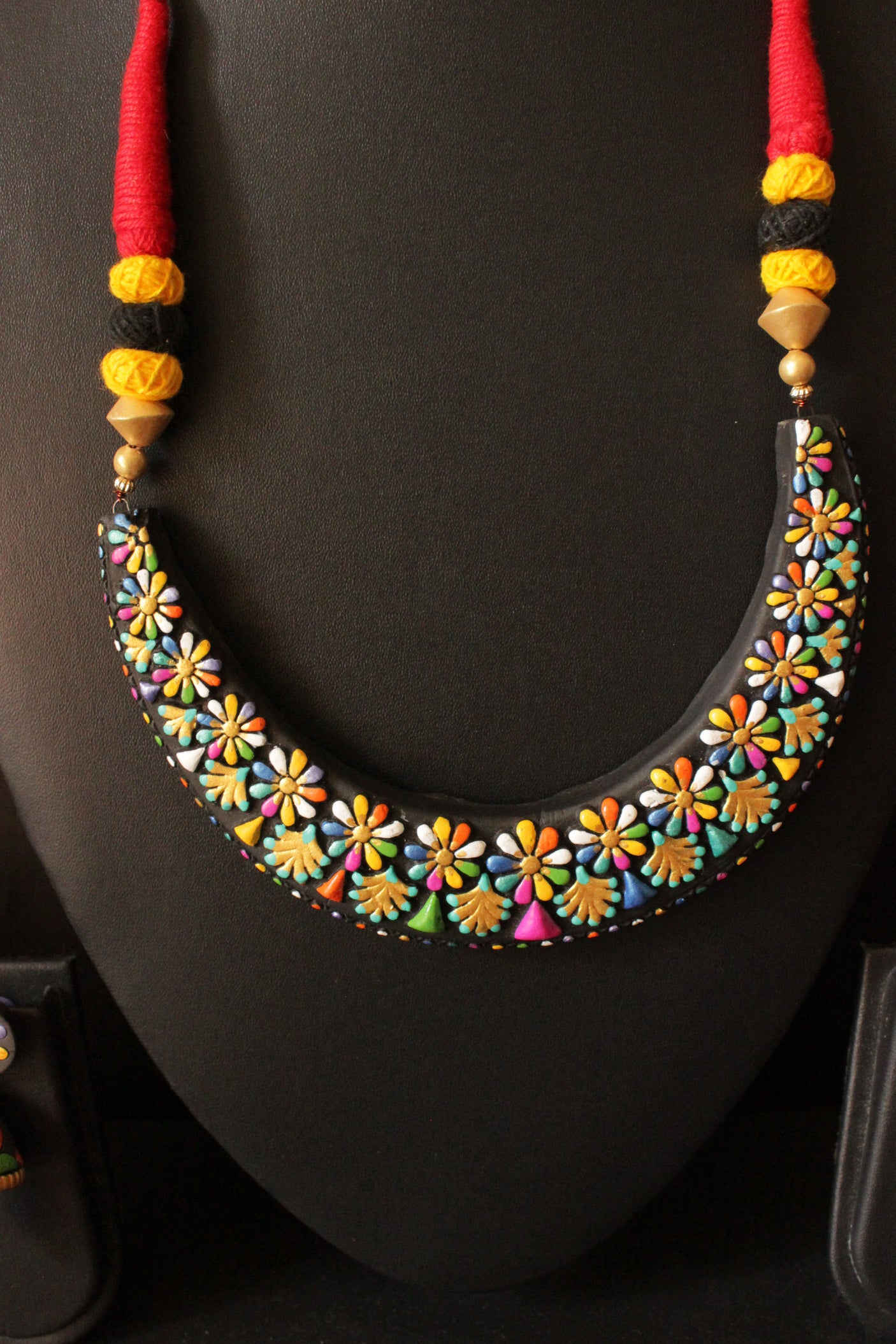 Black and Multi-Color Hand-Painted Flower Motifs Terracotta Clay Adjustable Length Choker Necklace Set
