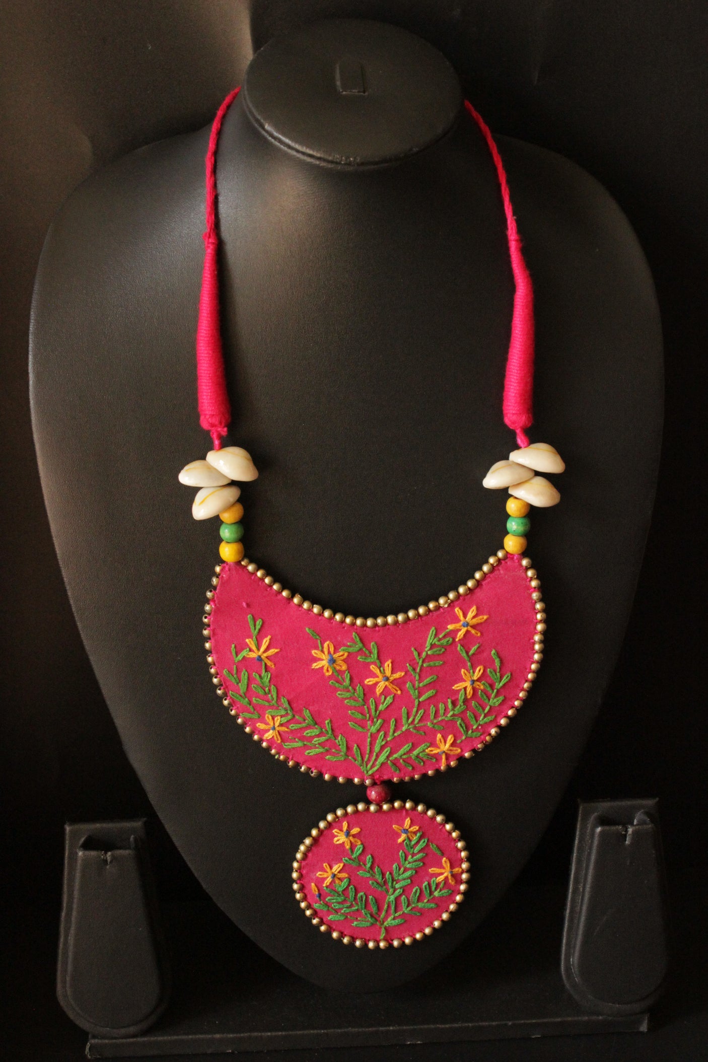 Cross-Stitch Flower and Leaf Motifs Handcrafted Statement Fabric Necklace