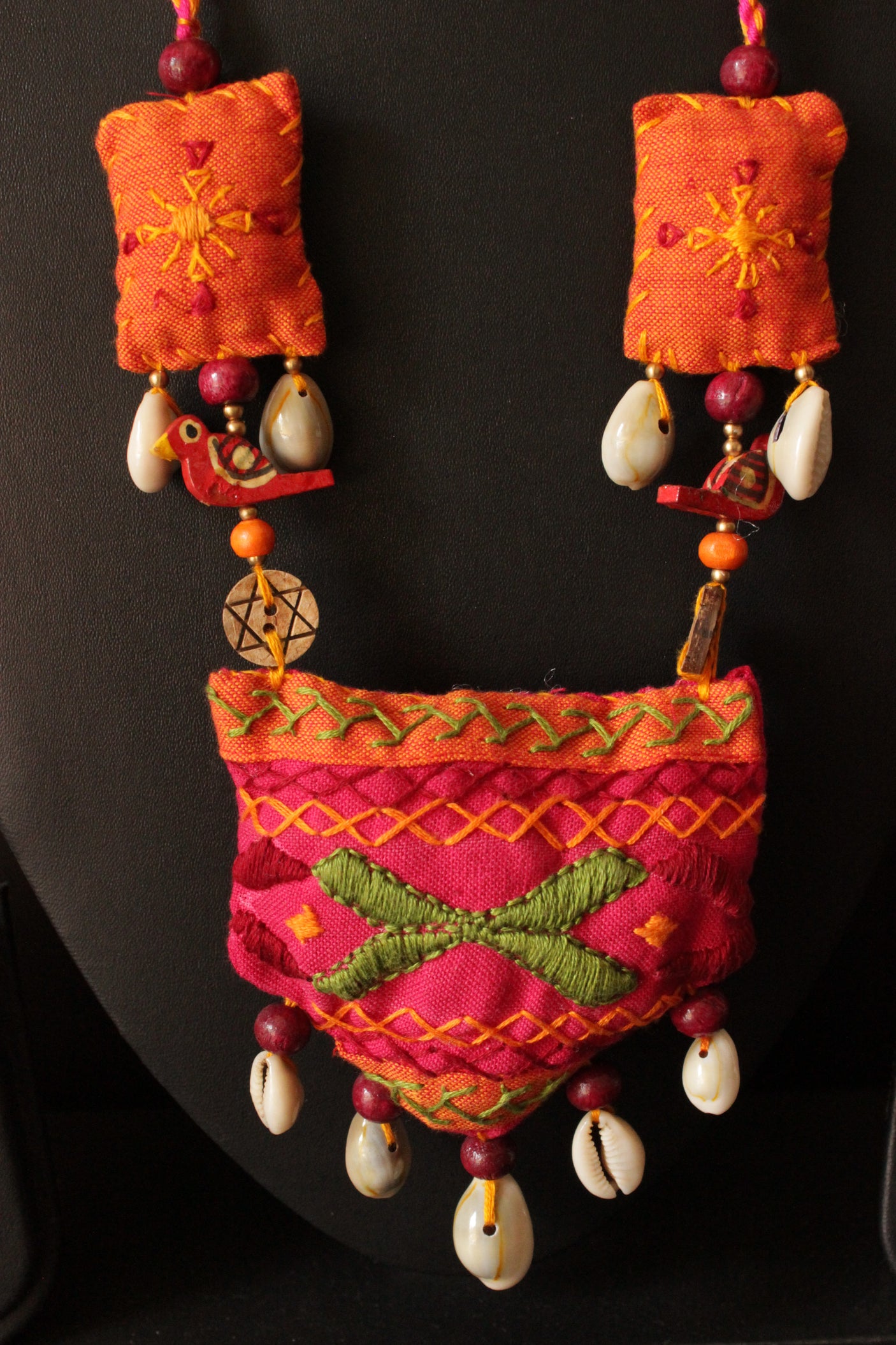 Pink and Orange Vibrant Handcrafted Necklace Accentuated with Shell Work