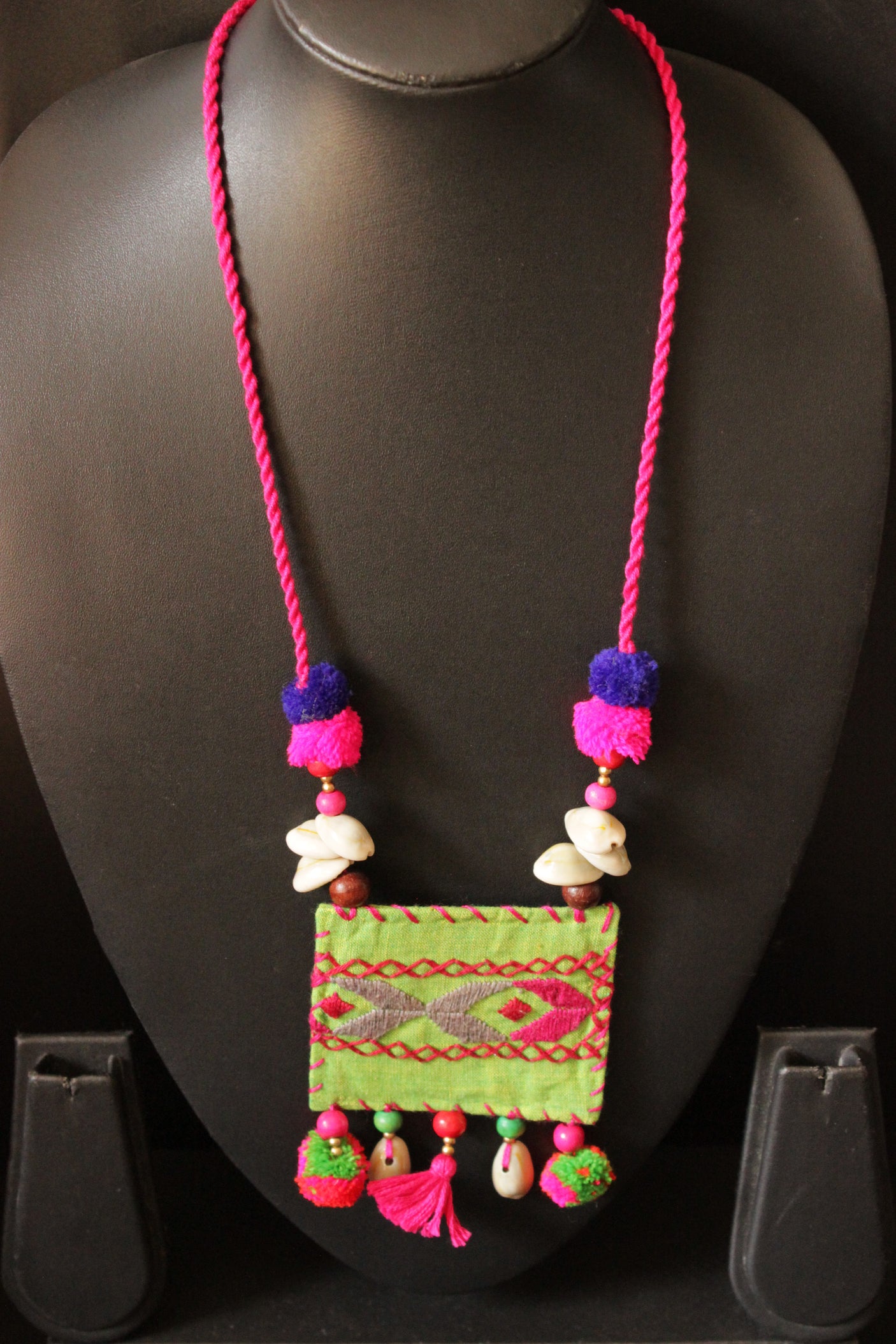 Vibrant Green and Pink Cross-Stitch Handcrafted Necklace Accentuated with Shells