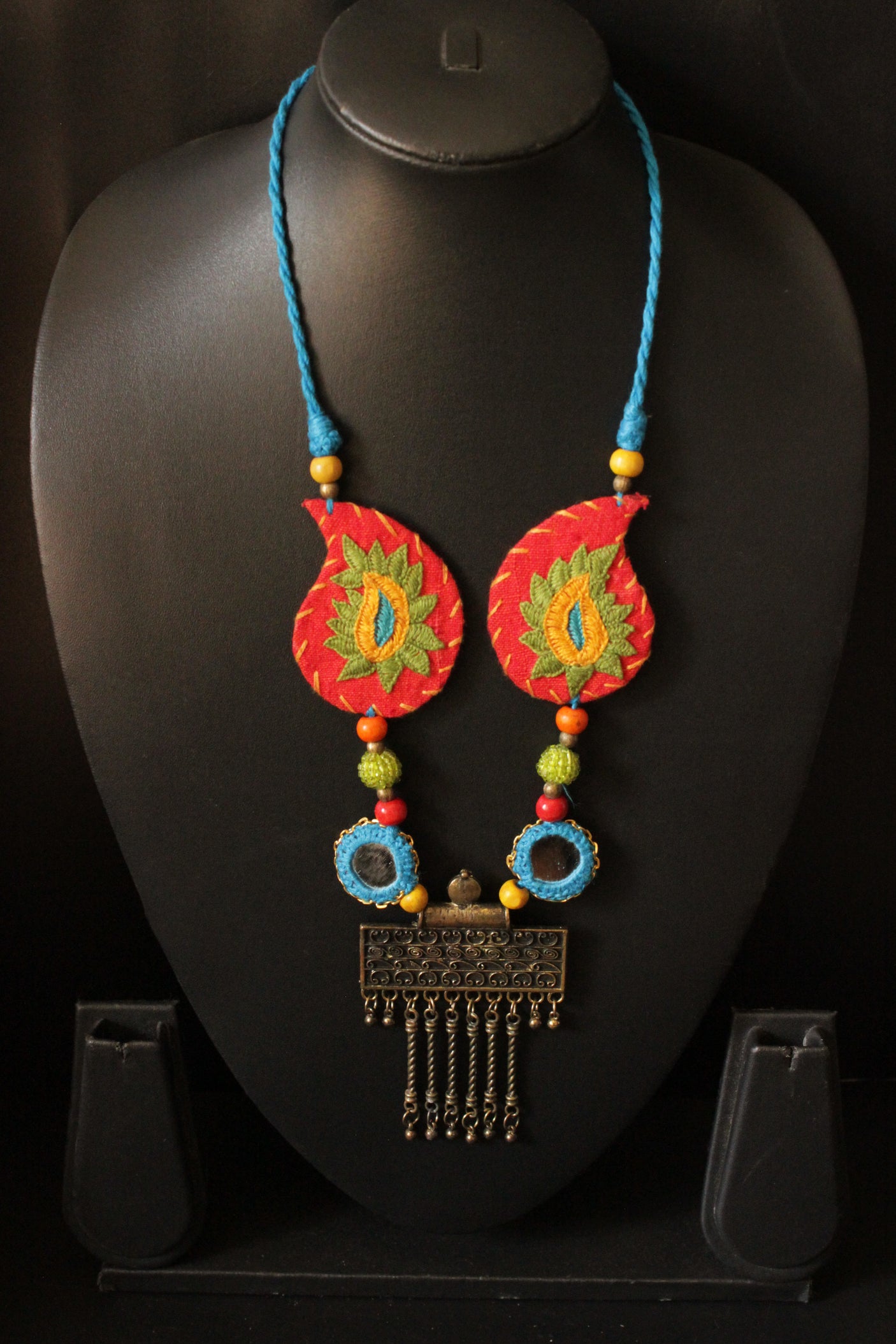 Handcrafted Thread Work Fabric Necklace with A Statement Metal Pendant