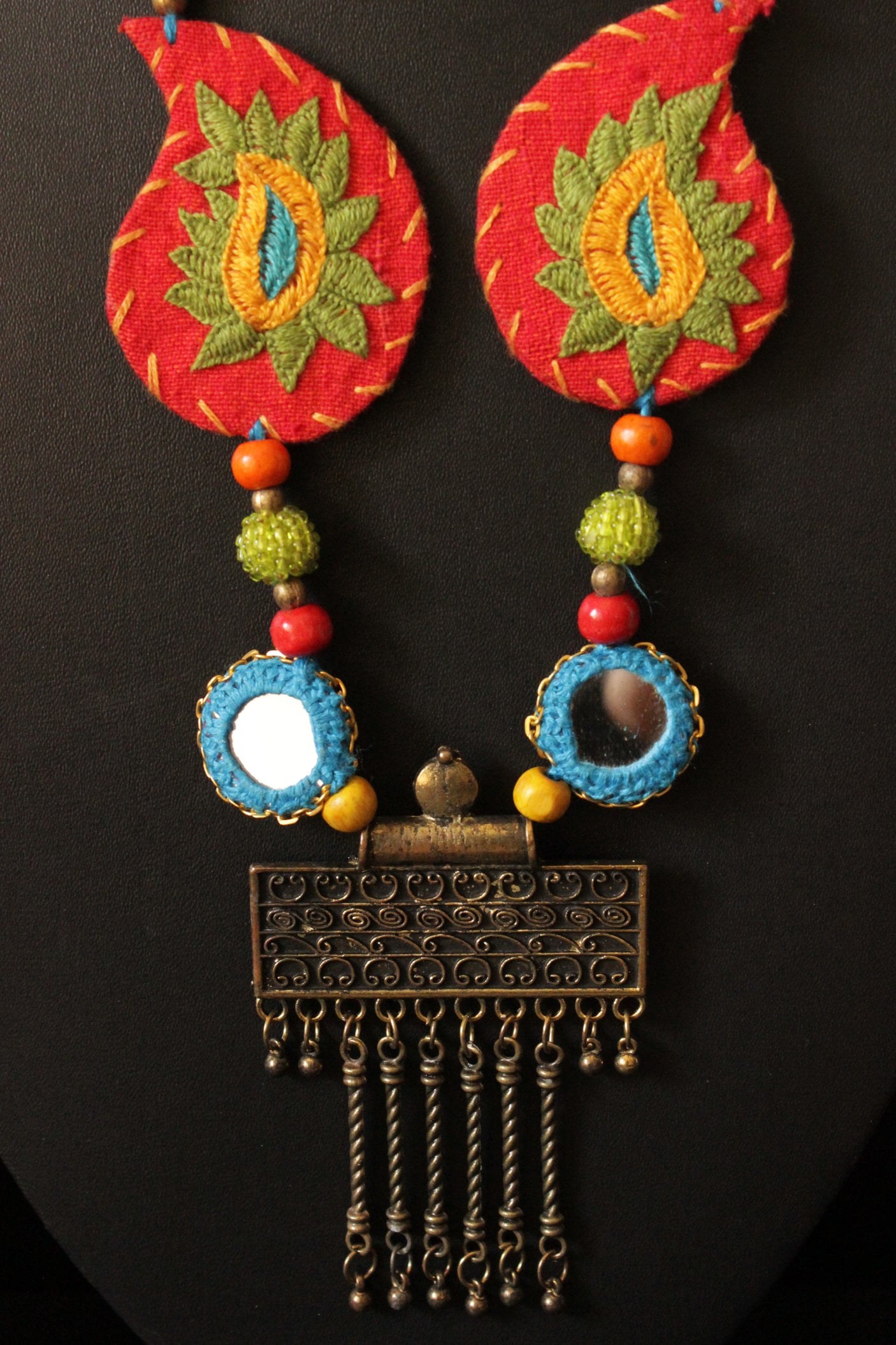 Handcrafted Thread Work Fabric Necklace with A Statement Metal Pendant