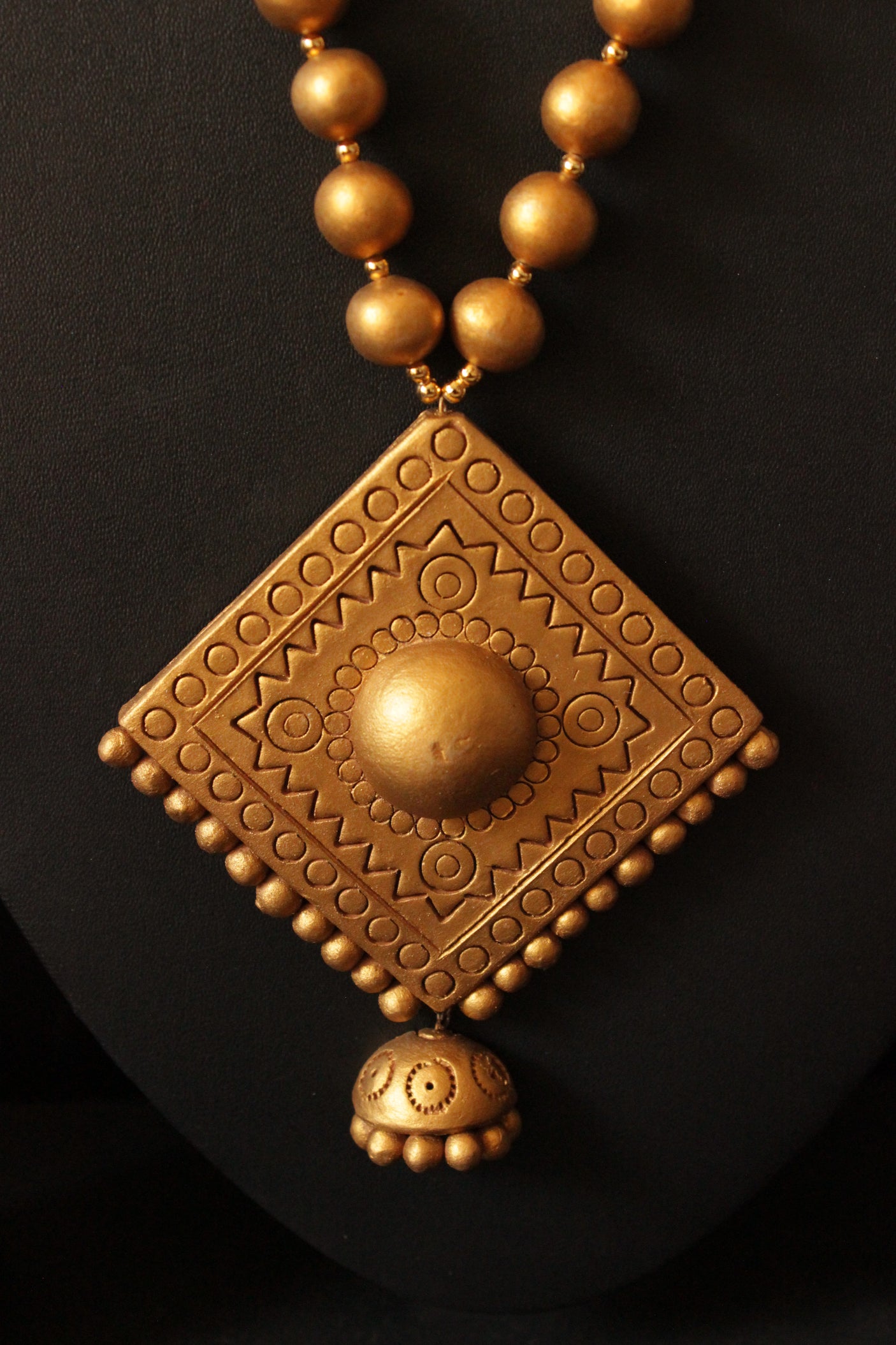 Golden Handcrafted Terracotta Clay Adjustable Length Jhumka Necklace Set
