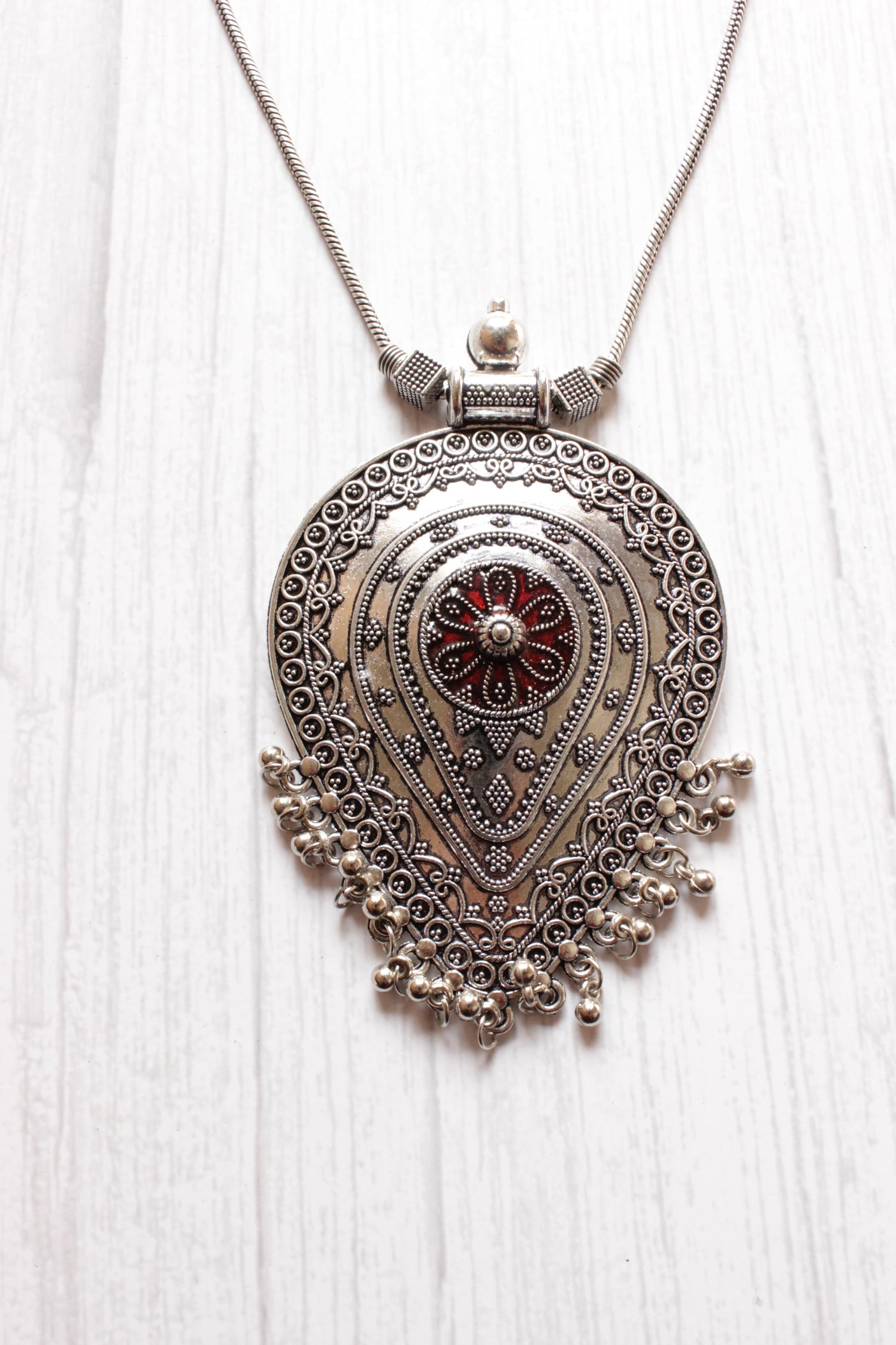 Tear Drop Shape Statement Pendant Silver Finish Necklace