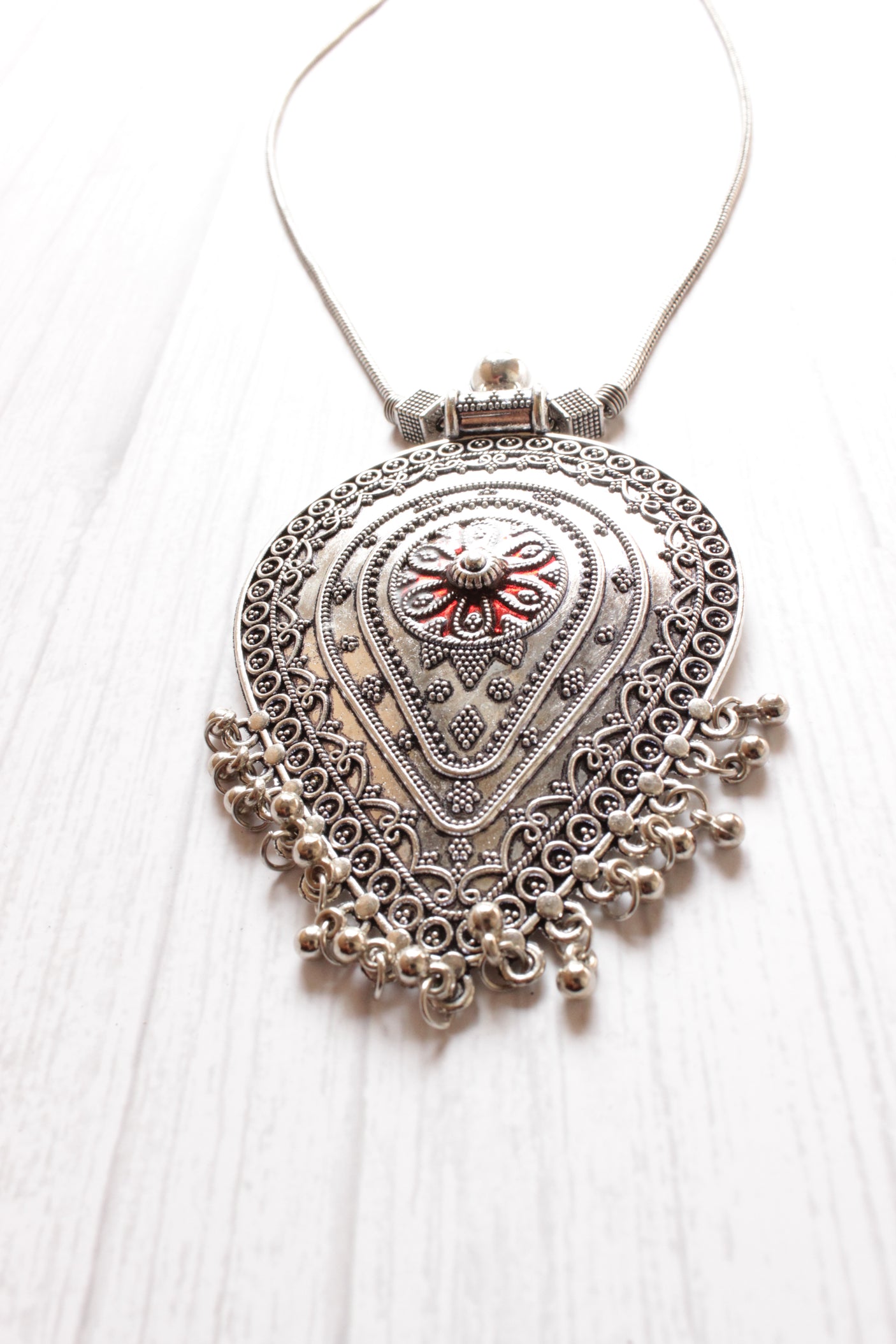 Tear Drop Shape Statement Pendant Silver Finish Necklace