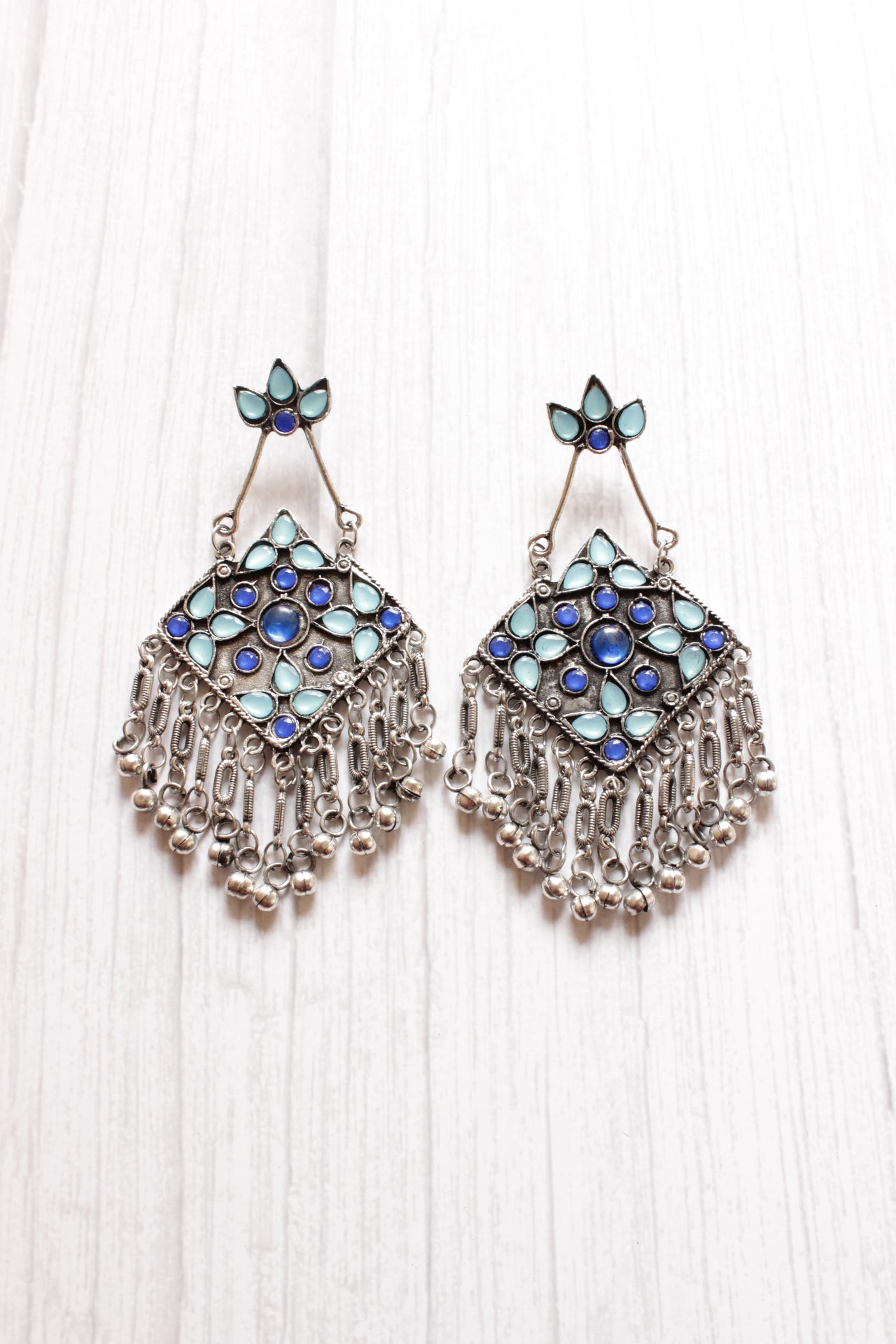 Shades of Blue Rhinestones Embedded Dangler Earrings with Metal Strings
