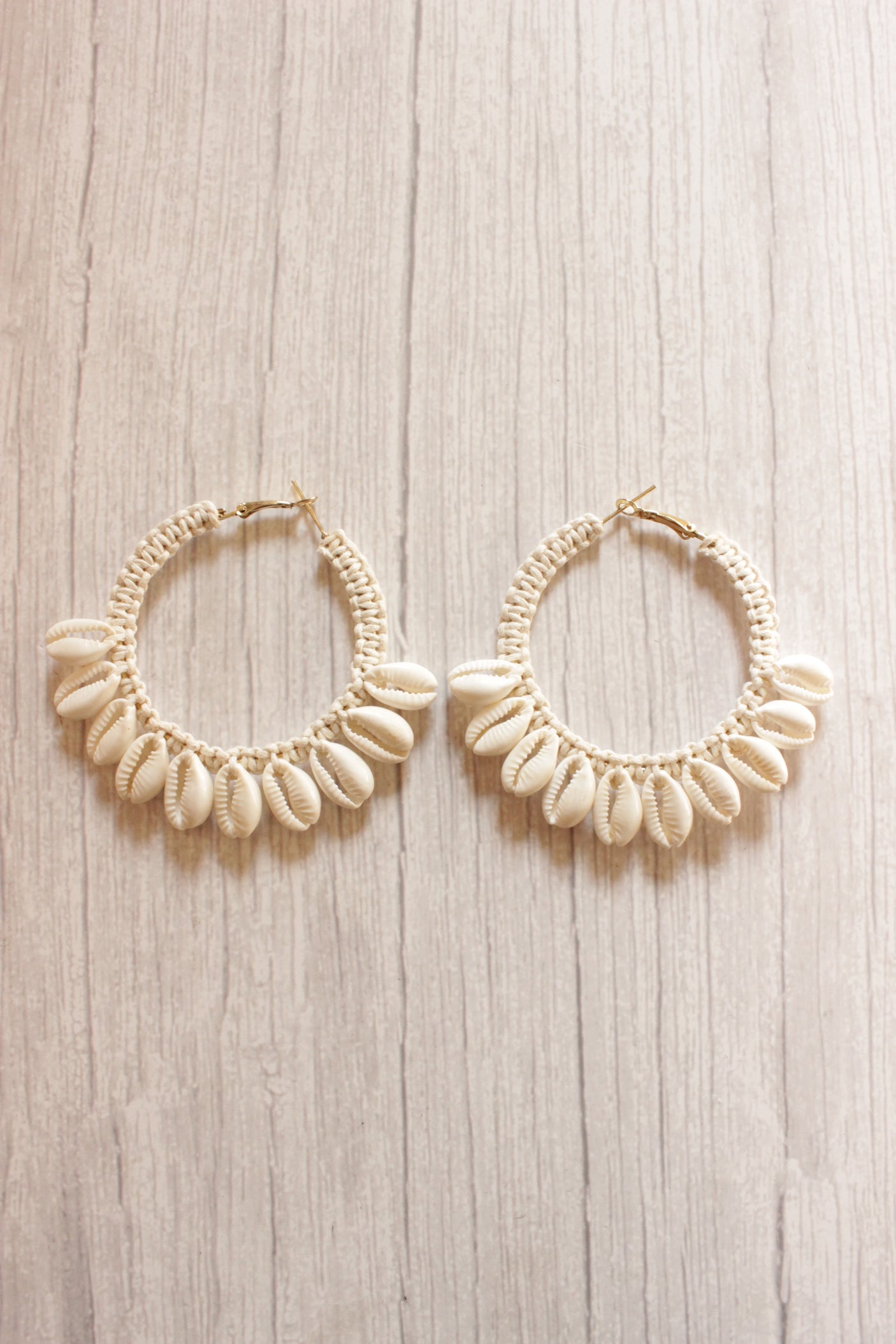 Macrame Thread Work Shells Woven Hoop Earrings