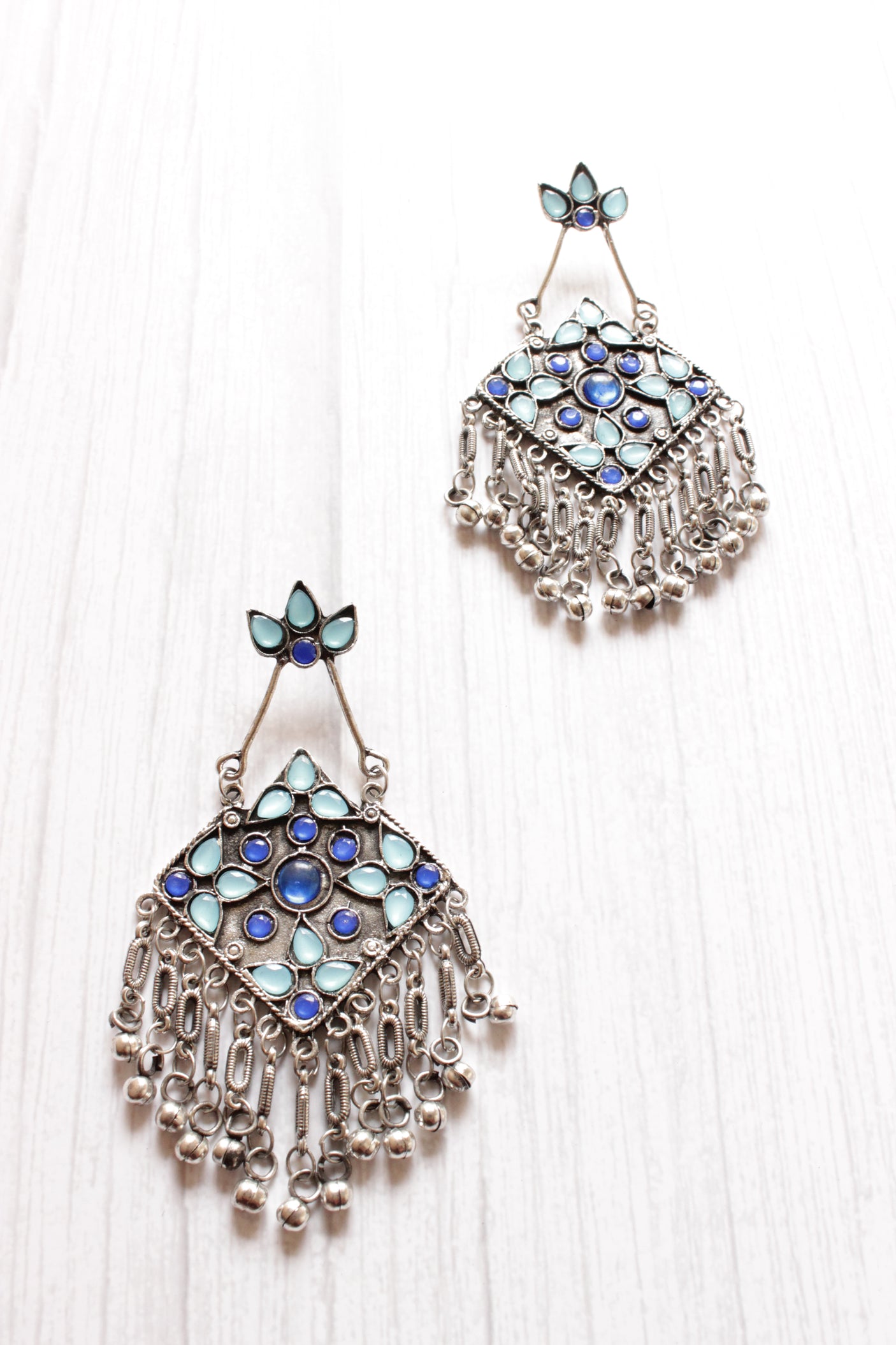 Shades of Blue Rhinestones Embedded Dangler Earrings with Metal Strings
