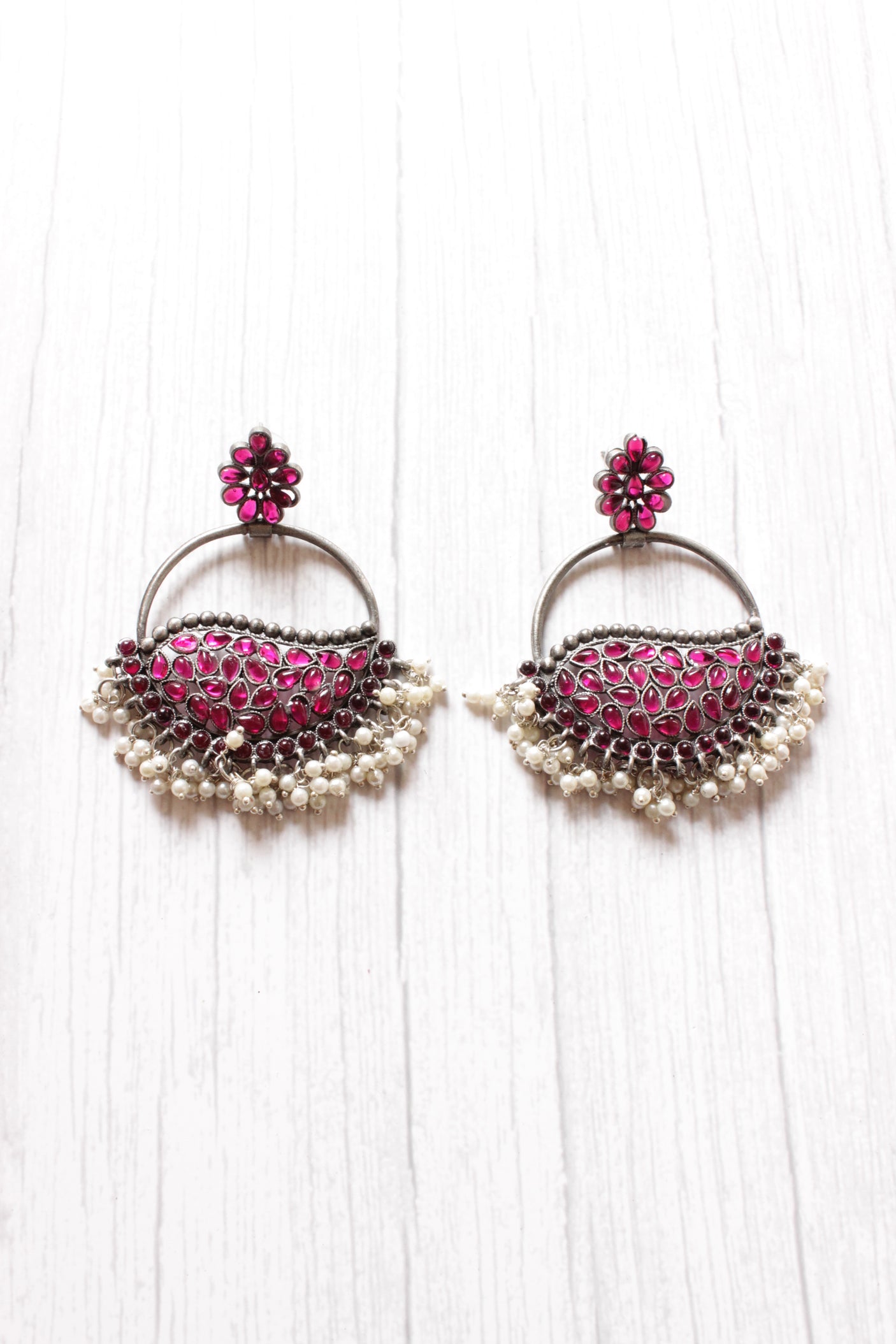 Pink Rhinestones Embedded Circular Dangler Earring with White Beads Detailing