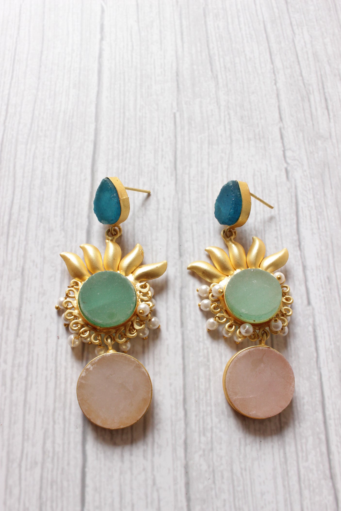 Natural Stones Embedded Yellow Finish Brass Metal Dangler Earrings