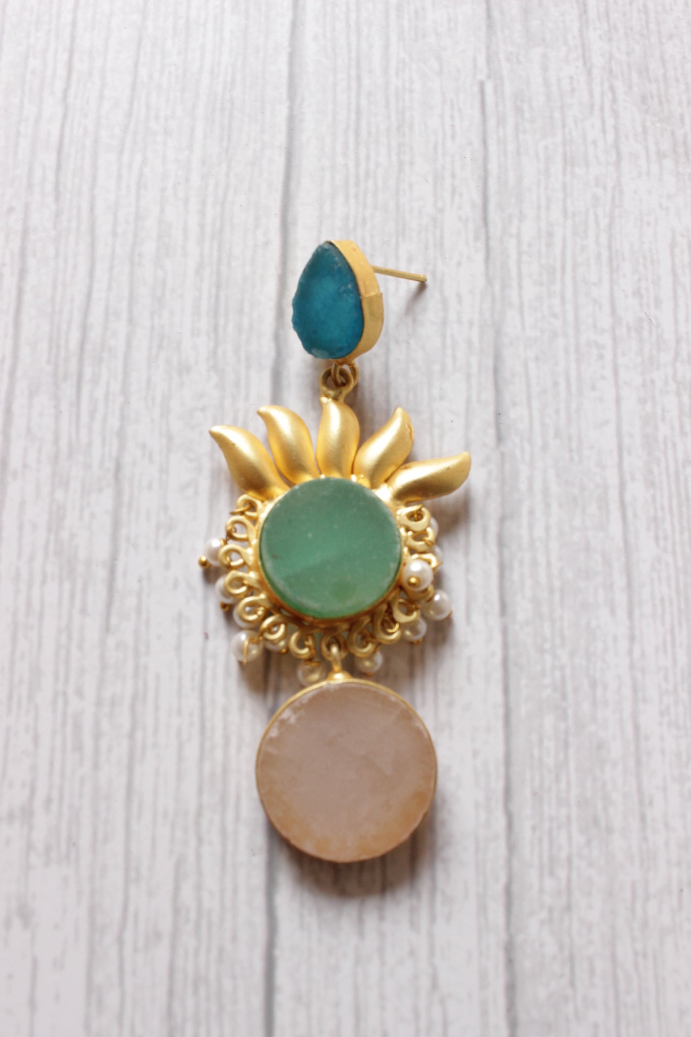 Natural Stones Embedded Yellow Finish Brass Metal Dangler Earrings