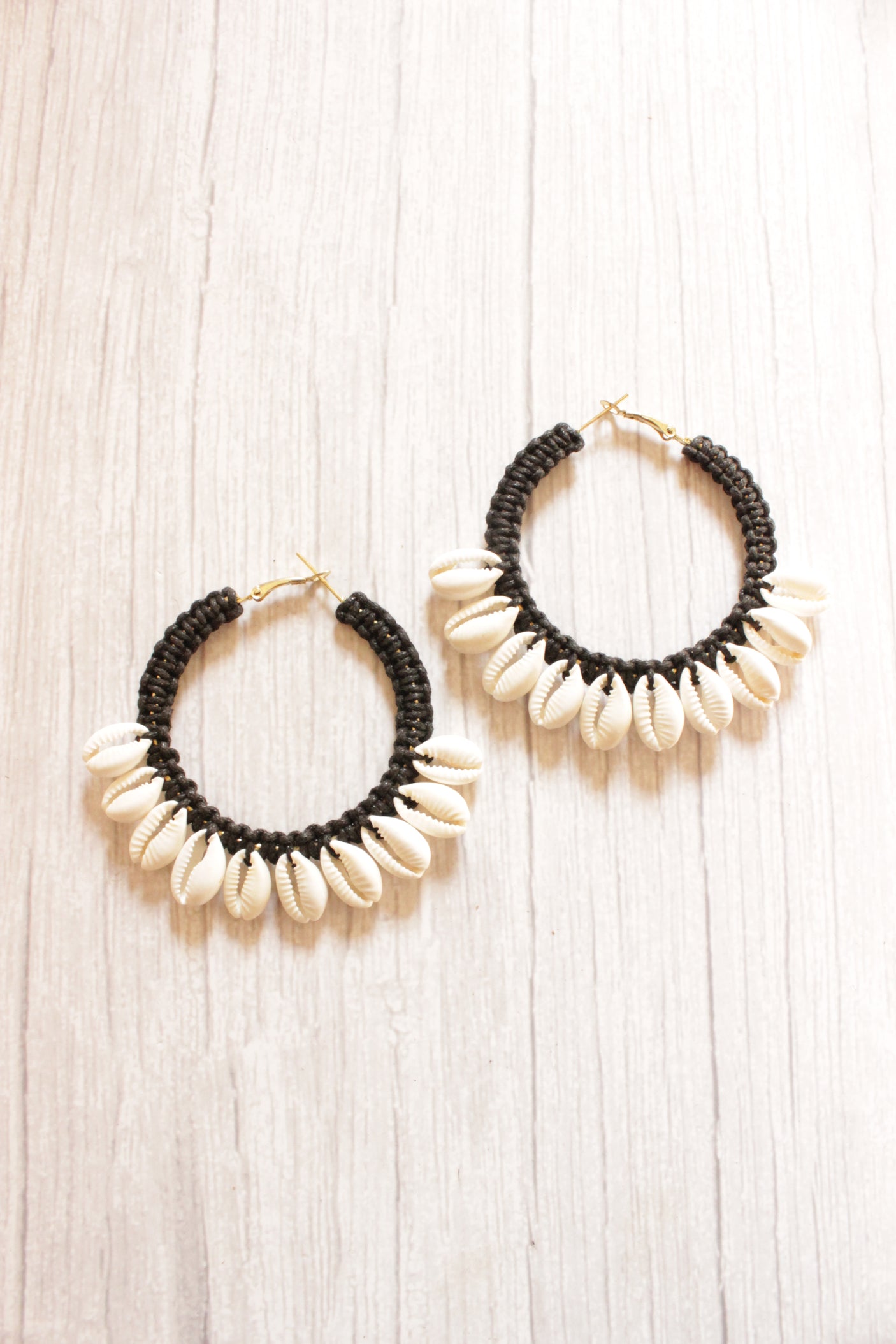 Black Macrame Thread Work Shells Woven Hoop Earrings