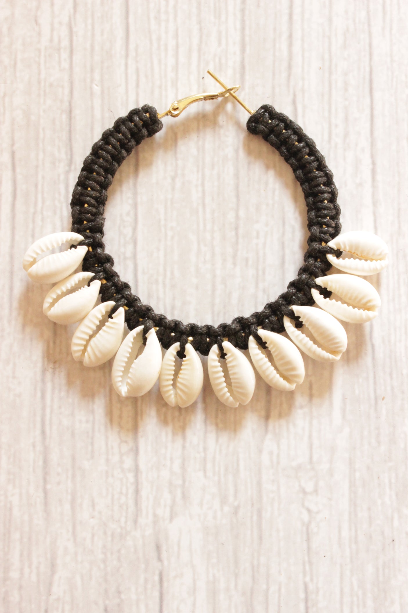 Black Macrame Thread Work Shells Woven Hoop Earrings