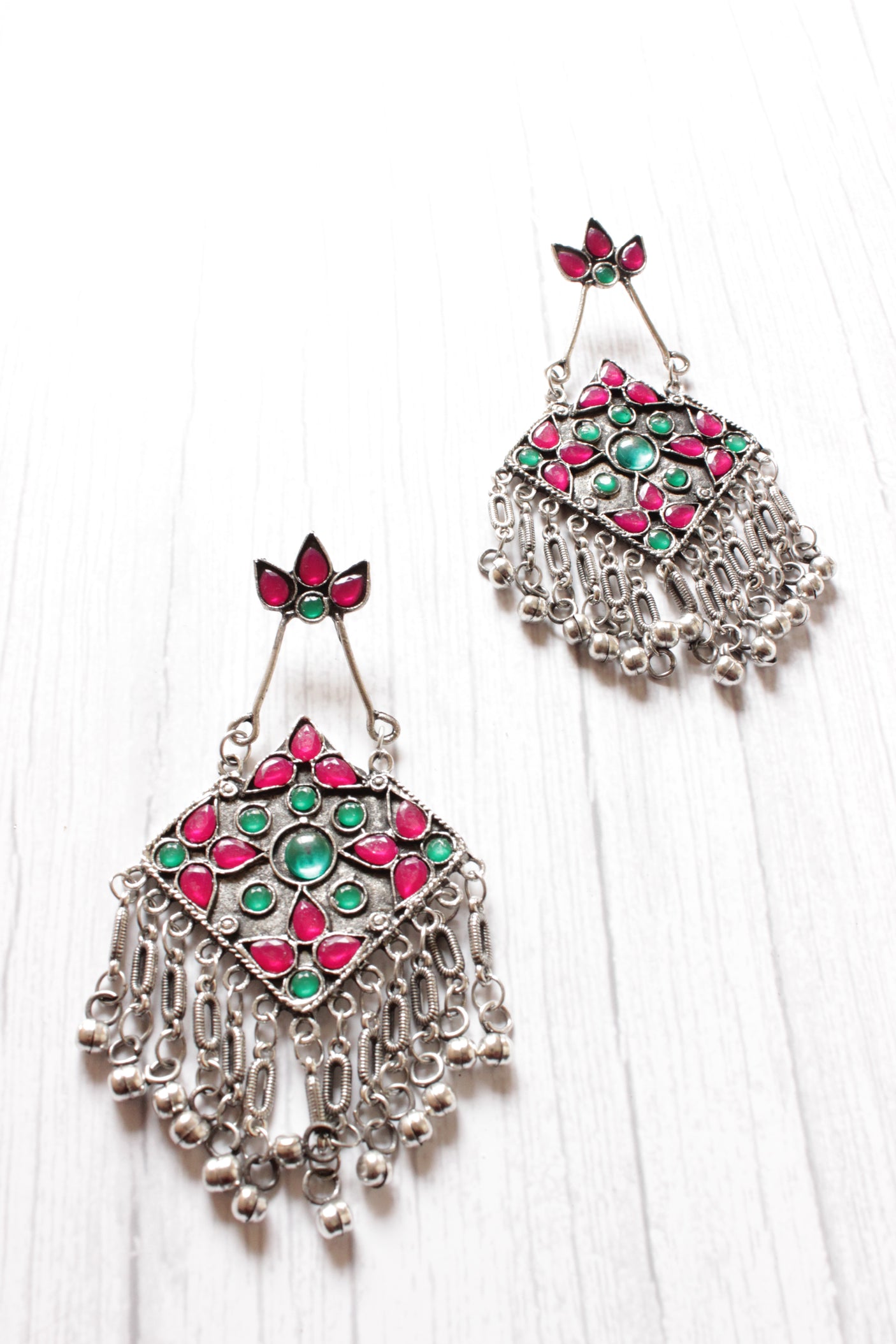 Pink & Green Rhinestones Embedded Dangler Earrings with Metal Strings