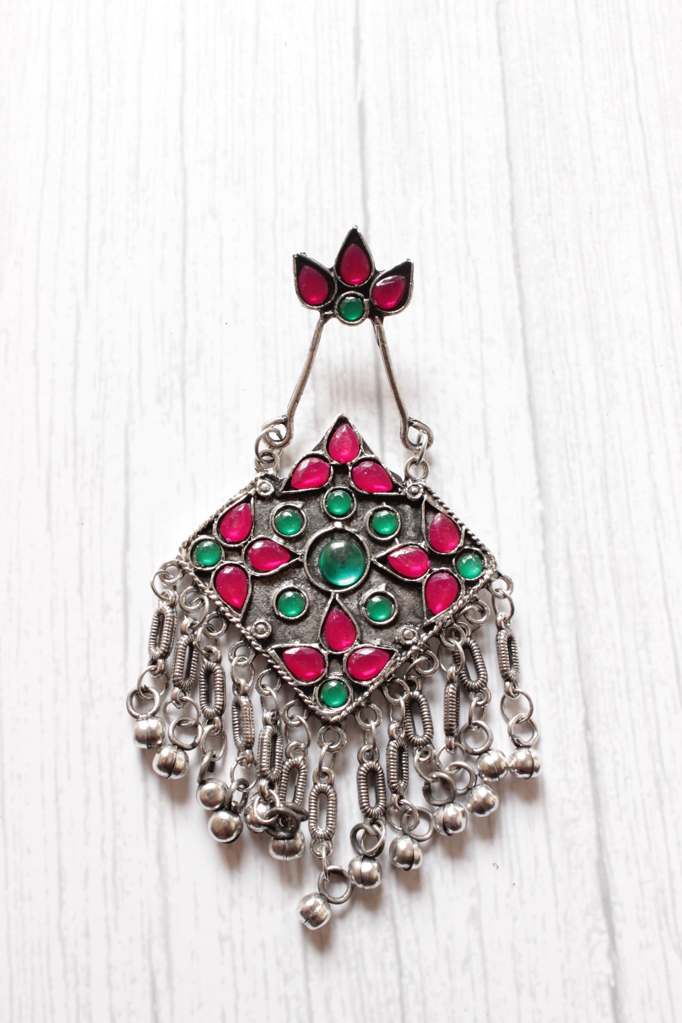 Pink & Green Rhinestones Embedded Dangler Earrings with Metal Strings