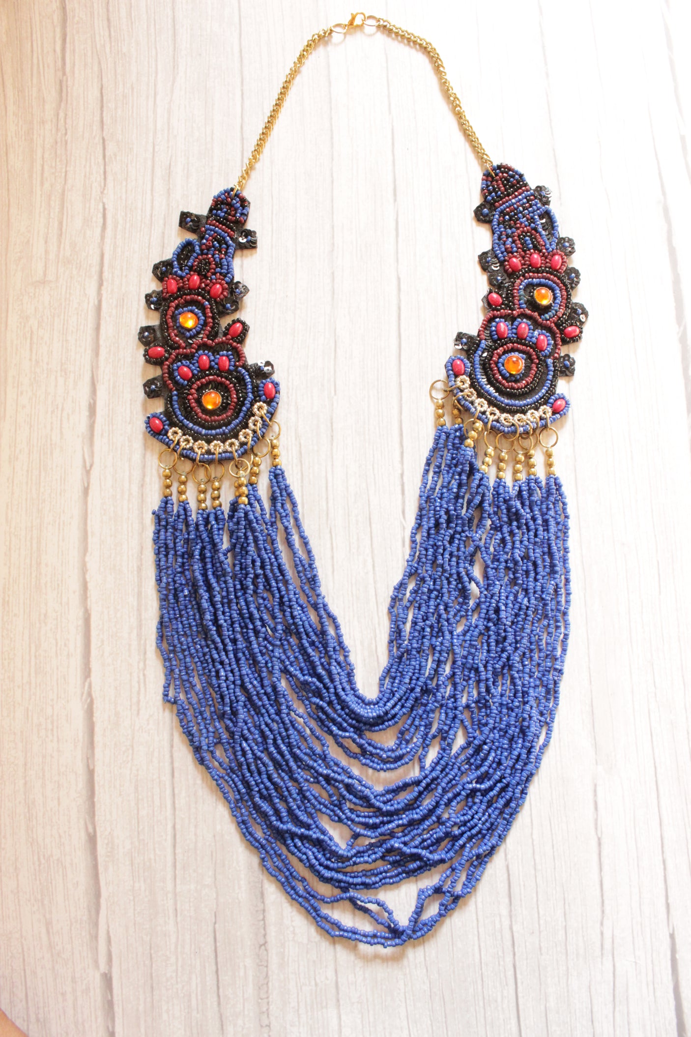 Royal Blue Multi-Layer Hand Beaded Collar Necklace
