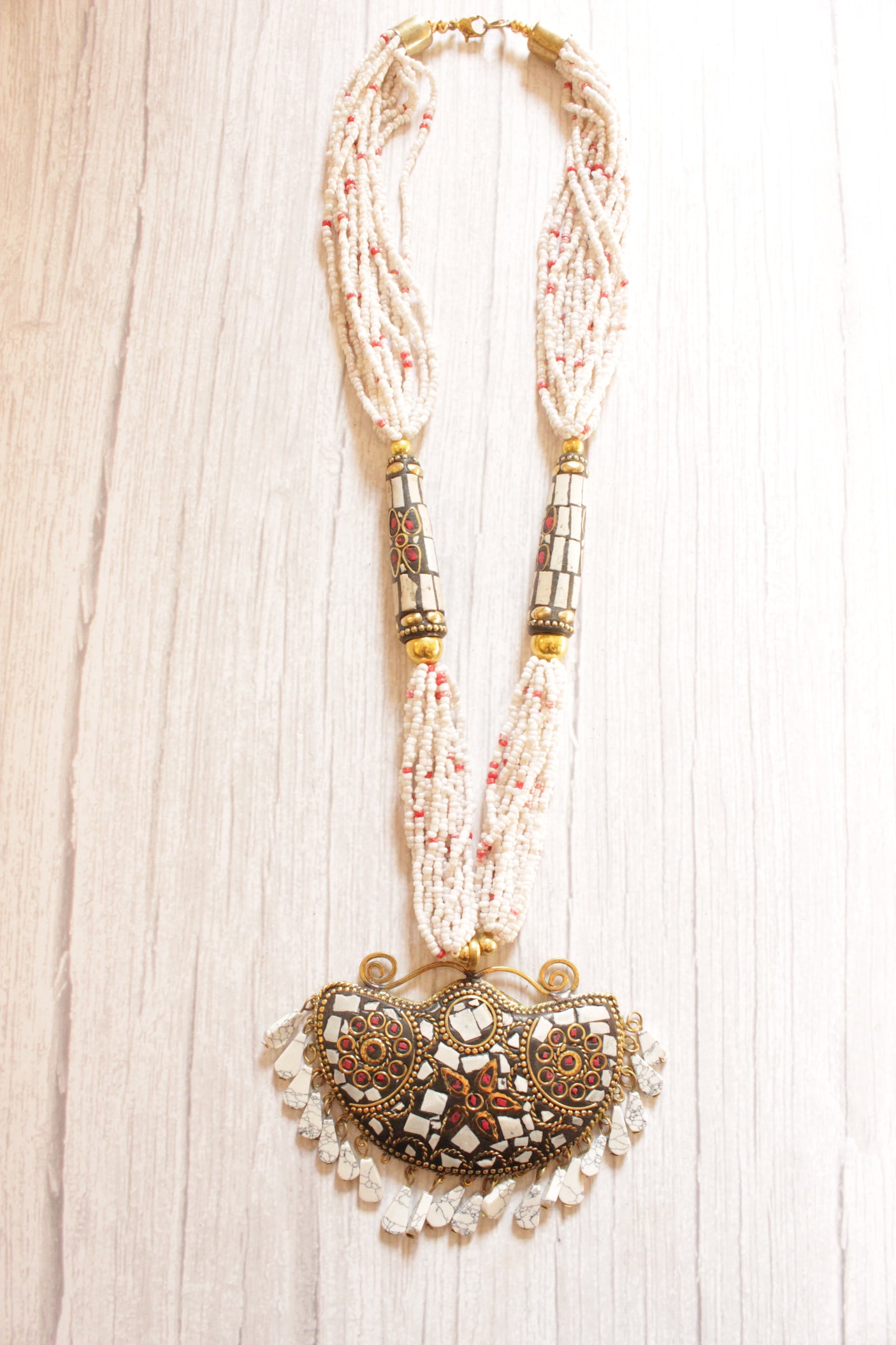 White Multi-Layer Hand Beaded Statement Pendant Tibetan Necklace
