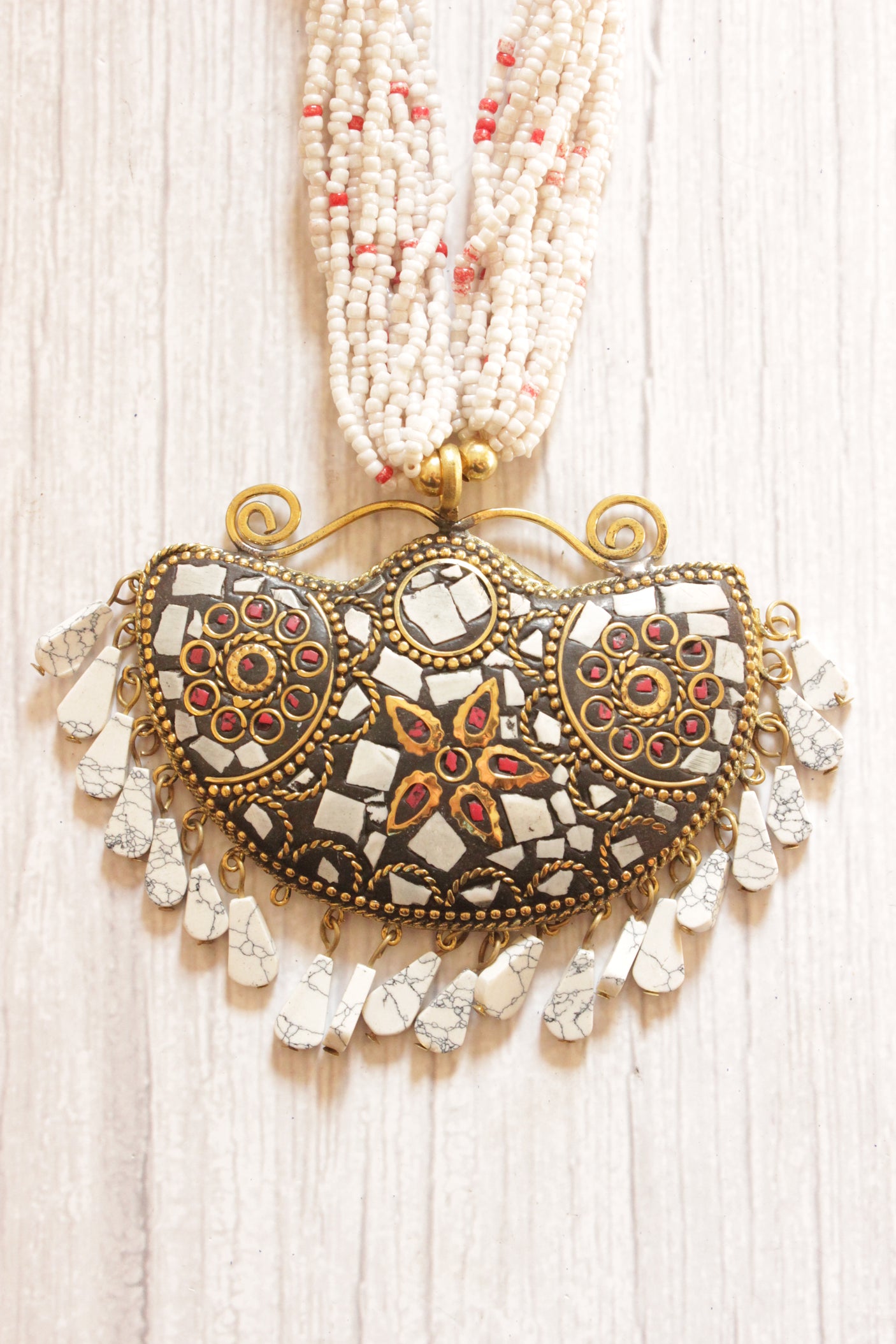 White Multi-Layer Hand Beaded Statement Pendant Tibetan Necklace