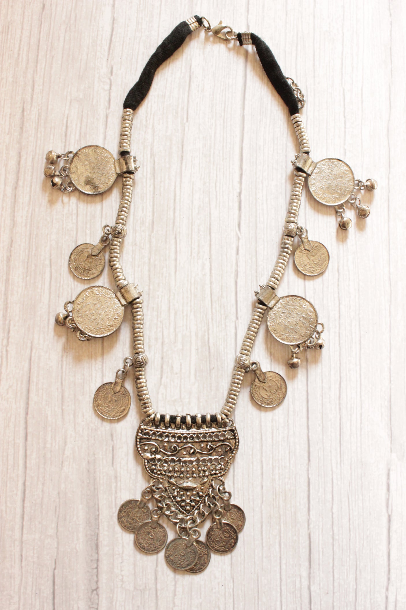 Vintage Stamped Coins Silver Finish Tribal Necklace