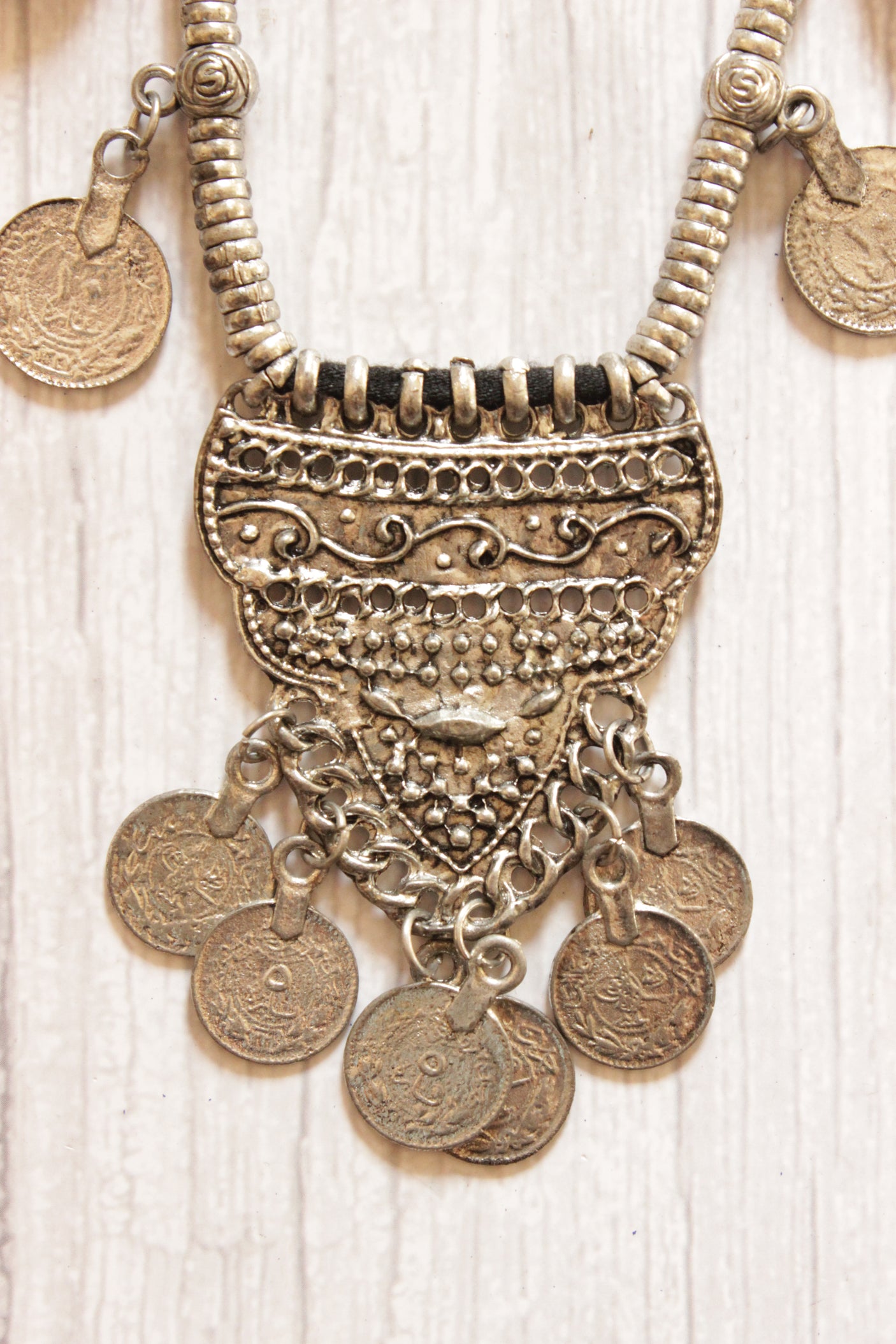 Vintage Stamped Coins Silver Finish Tribal Necklace