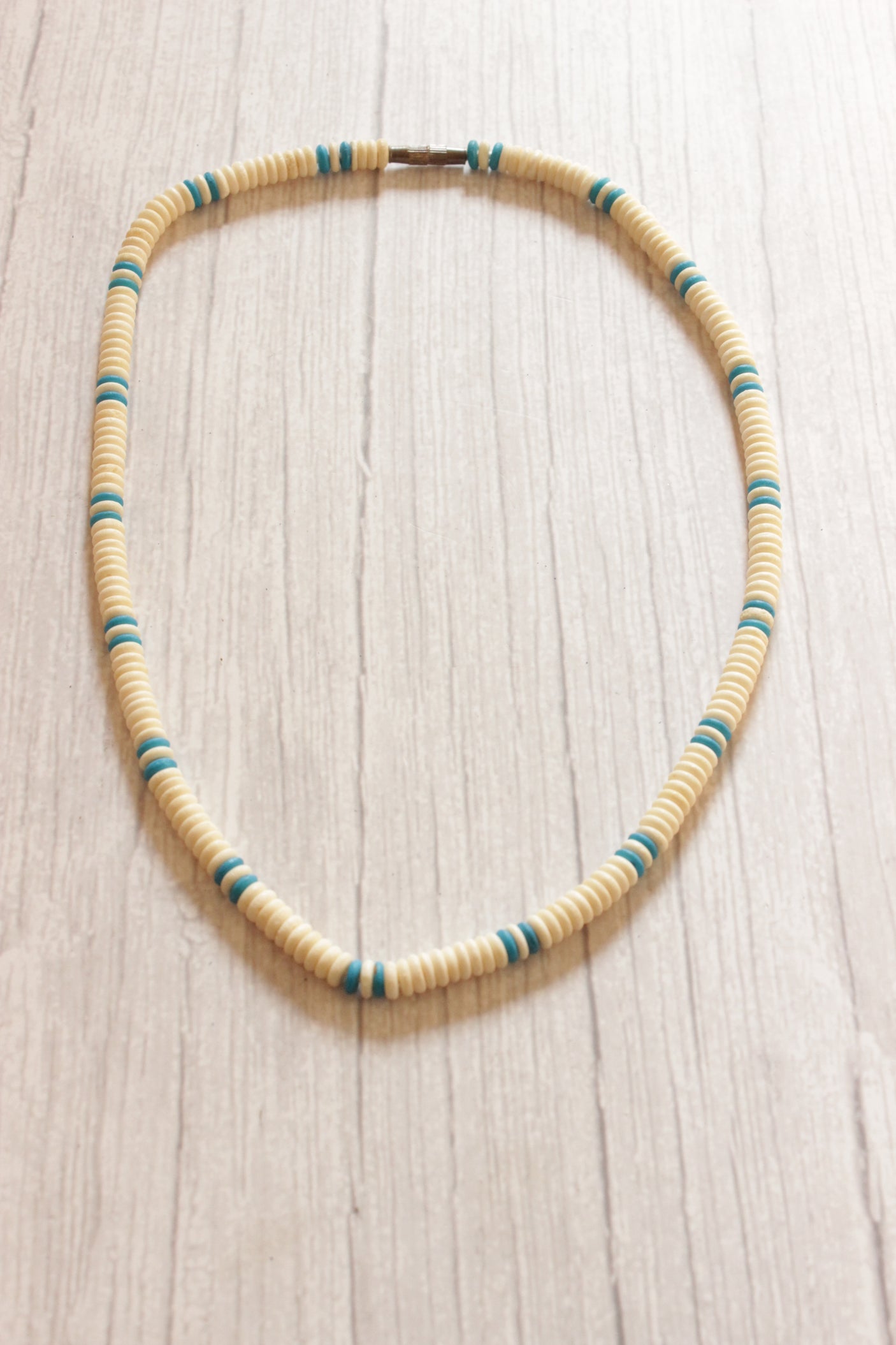 Elegant Ivory and Turquoise Hand Beaded Short Necklace