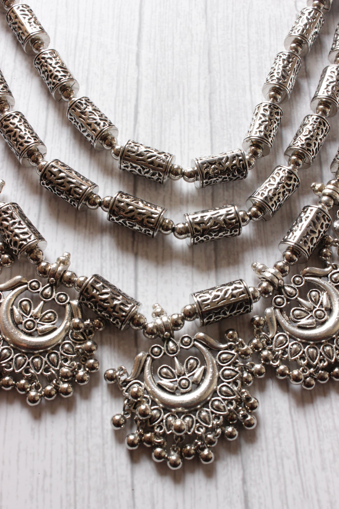 3 Layer Elaborate Silver Finish Metal Necklace Set with Dangler Earrings